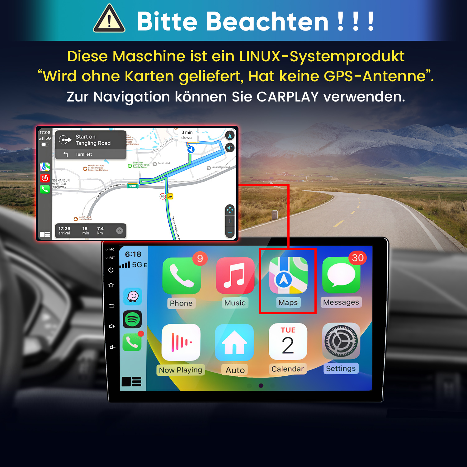Linux-Autoradio mit CarPlay-Navigation und App-Icons auf dem Bildschirm vor einer bergigen Straße.