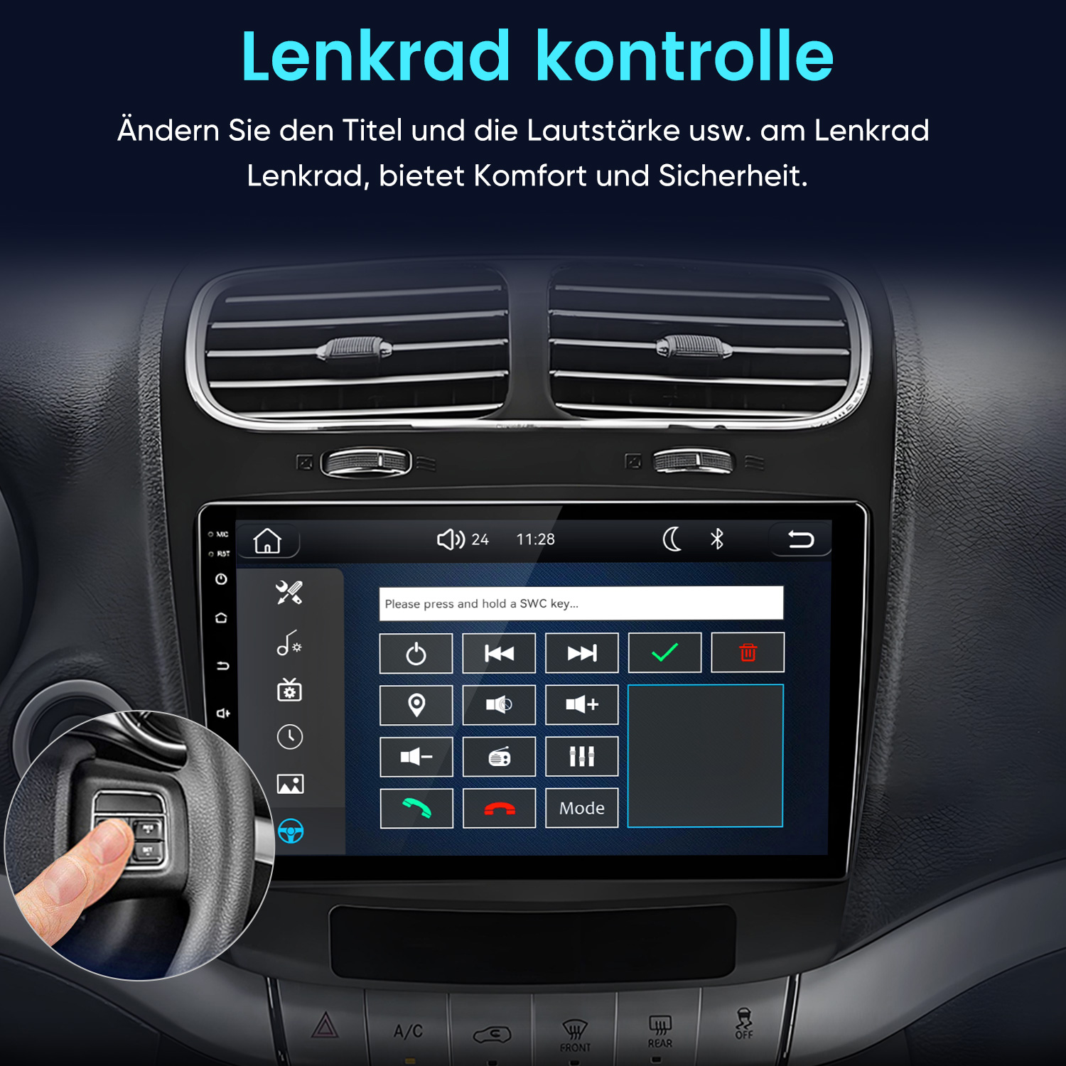 Autodisplay mit Lenkradsteuerungseinstellungen und Inset-Bild des Lenkrads.
