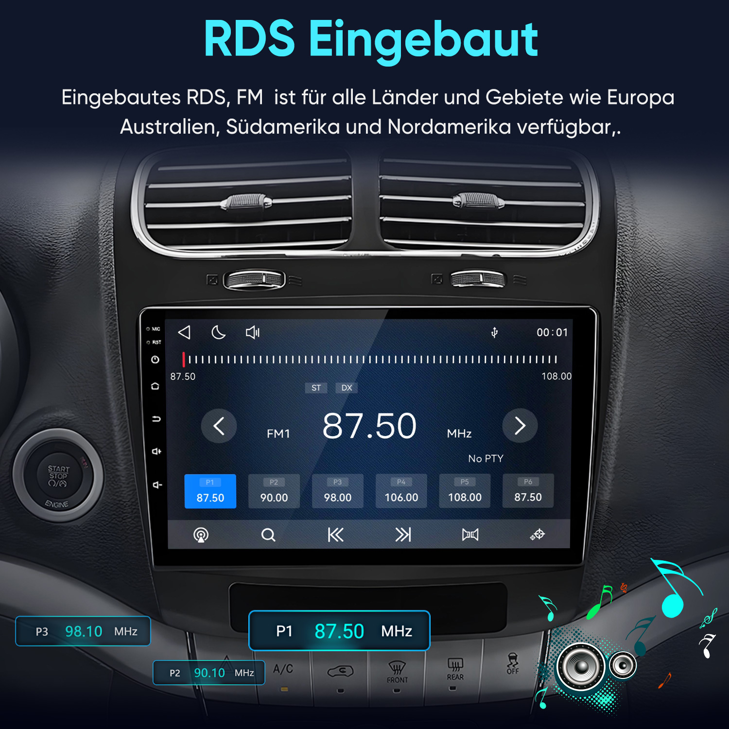 Autoradio mit integriertem RDS und Touchscreen im Armaturenbrett.