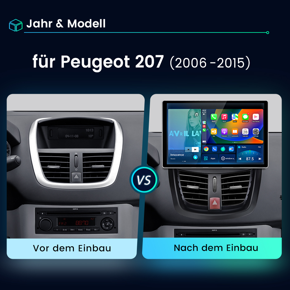 Vergleich des Peugeot 207 Armaturenbretts vor und nach dem Einbau eines Multimedia-Displays.