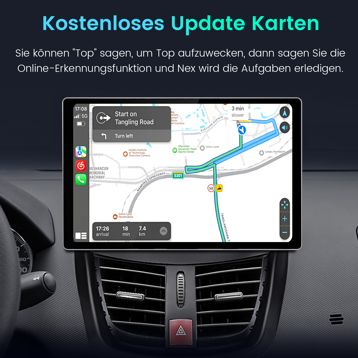 Ein Autonavigationsbildschirm zeigt eine Routenkarte mit Navigationsanweisungen an der Konsole.