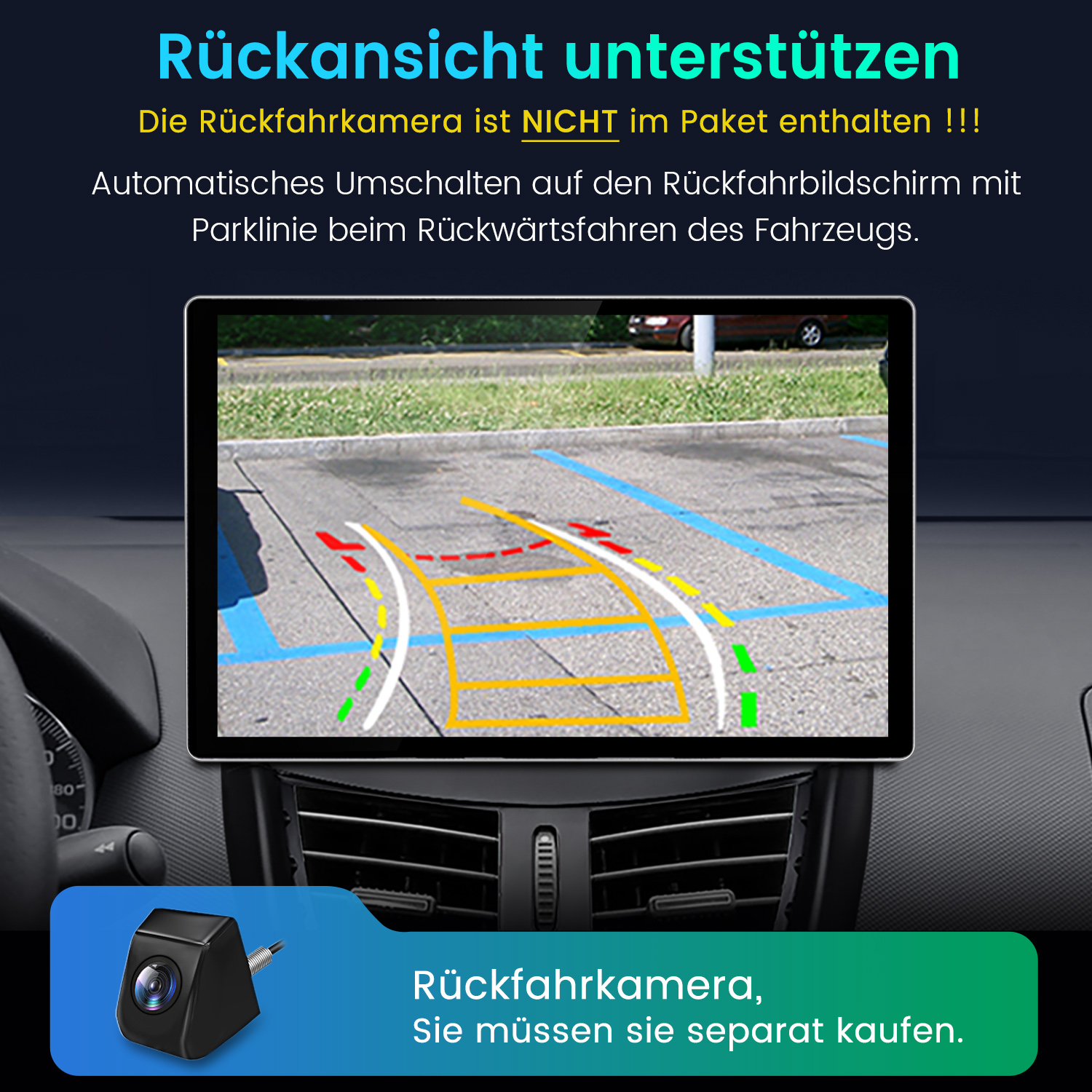 Autobildschirm zeigt Parklinien beim Rückwärtsfahren, Kamera separat erhältlich.