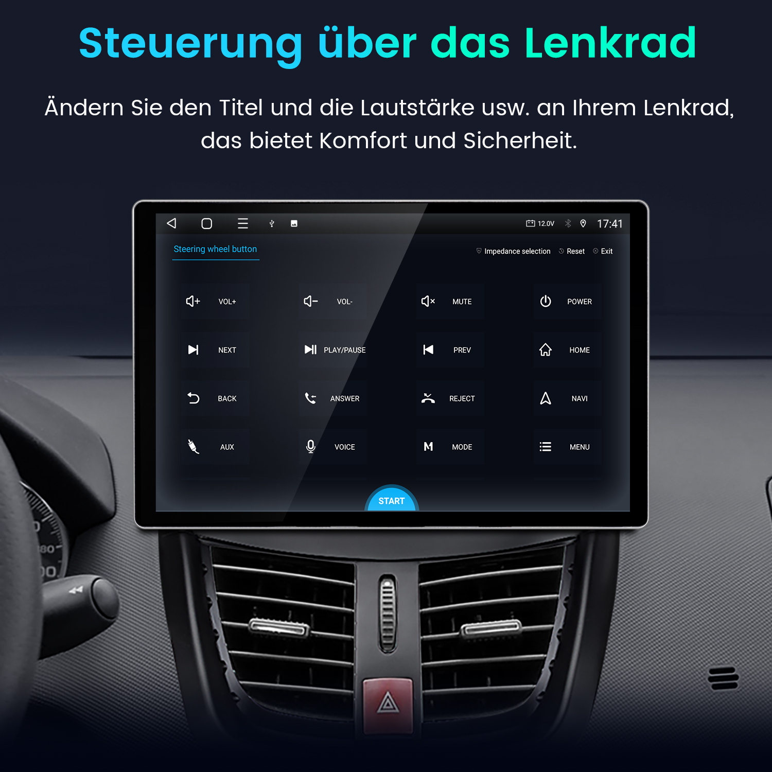 Ein Auto-Infotainment-Bildschirm zeigt Menüoptionen zur Steuerung über das Lenkrad.