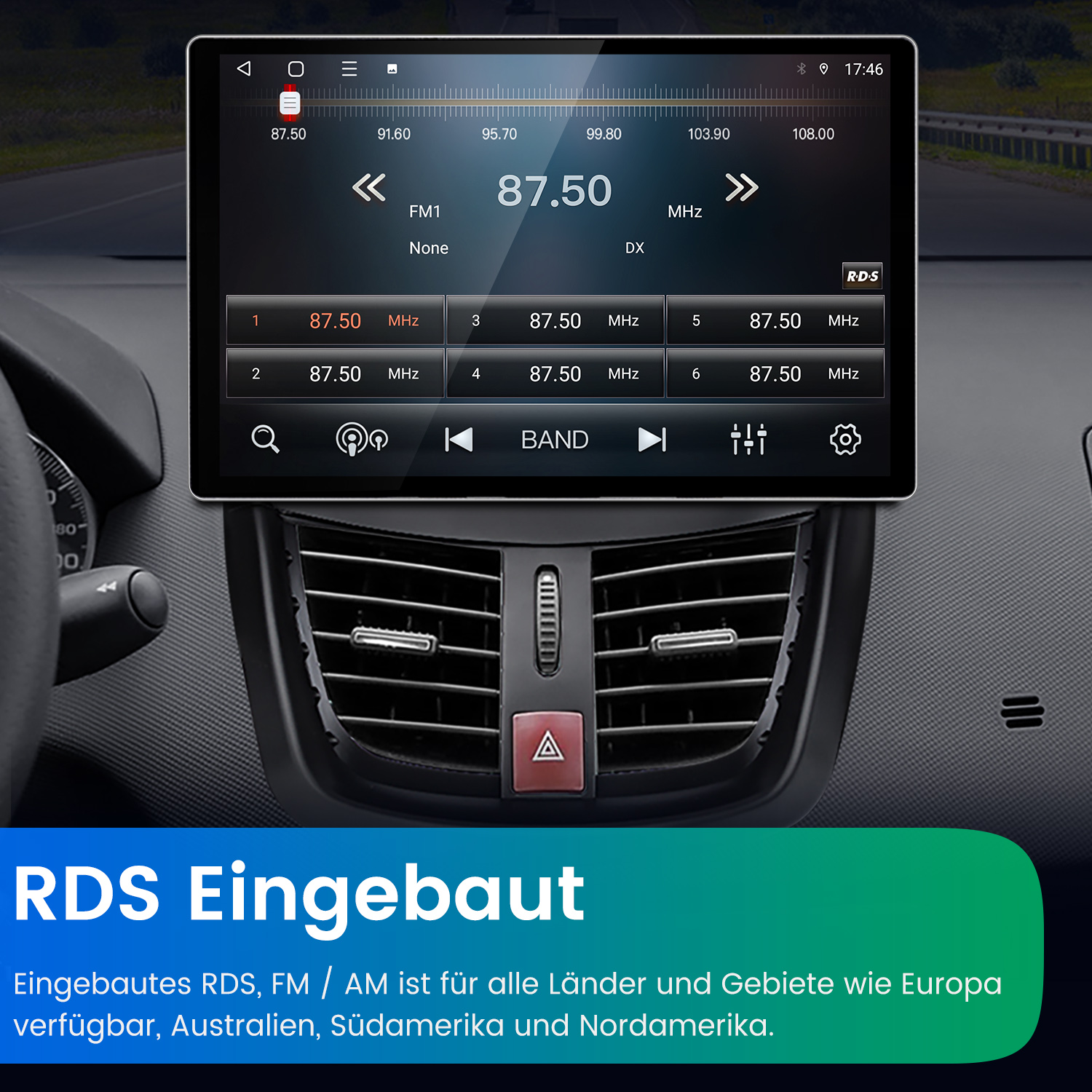 Autoradio mit Touchscreen zeigt FM-Radiofrequenz an, darunter Lüftungsschlitze und Text über integriertes RDS.