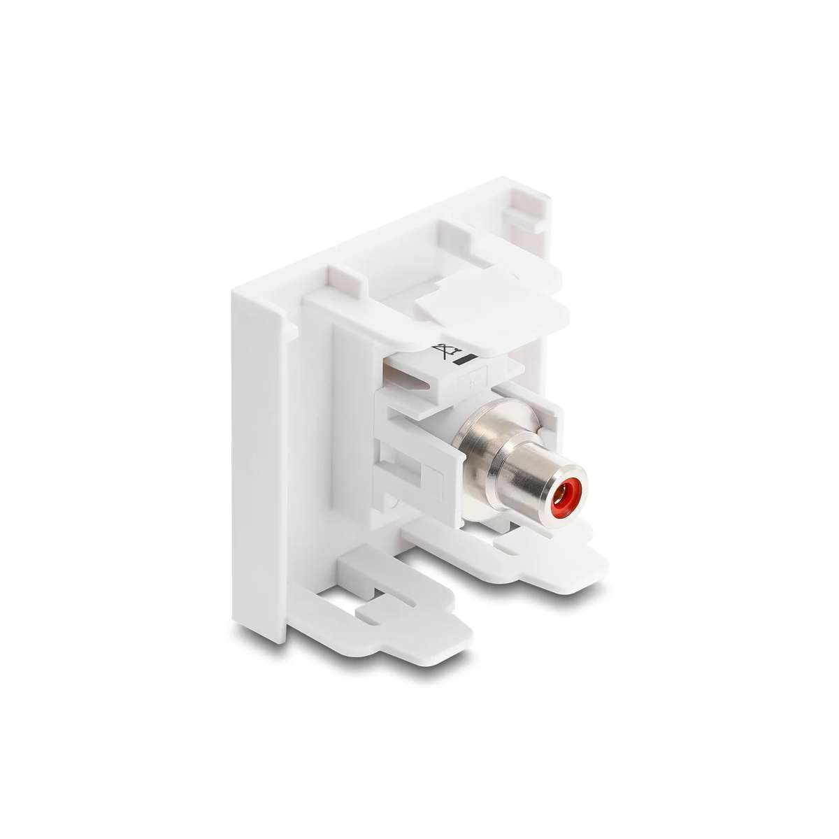 Weiße RCA-Audio-Modulbuchse mit rotem Einsatz auf weißem Hintergrund.