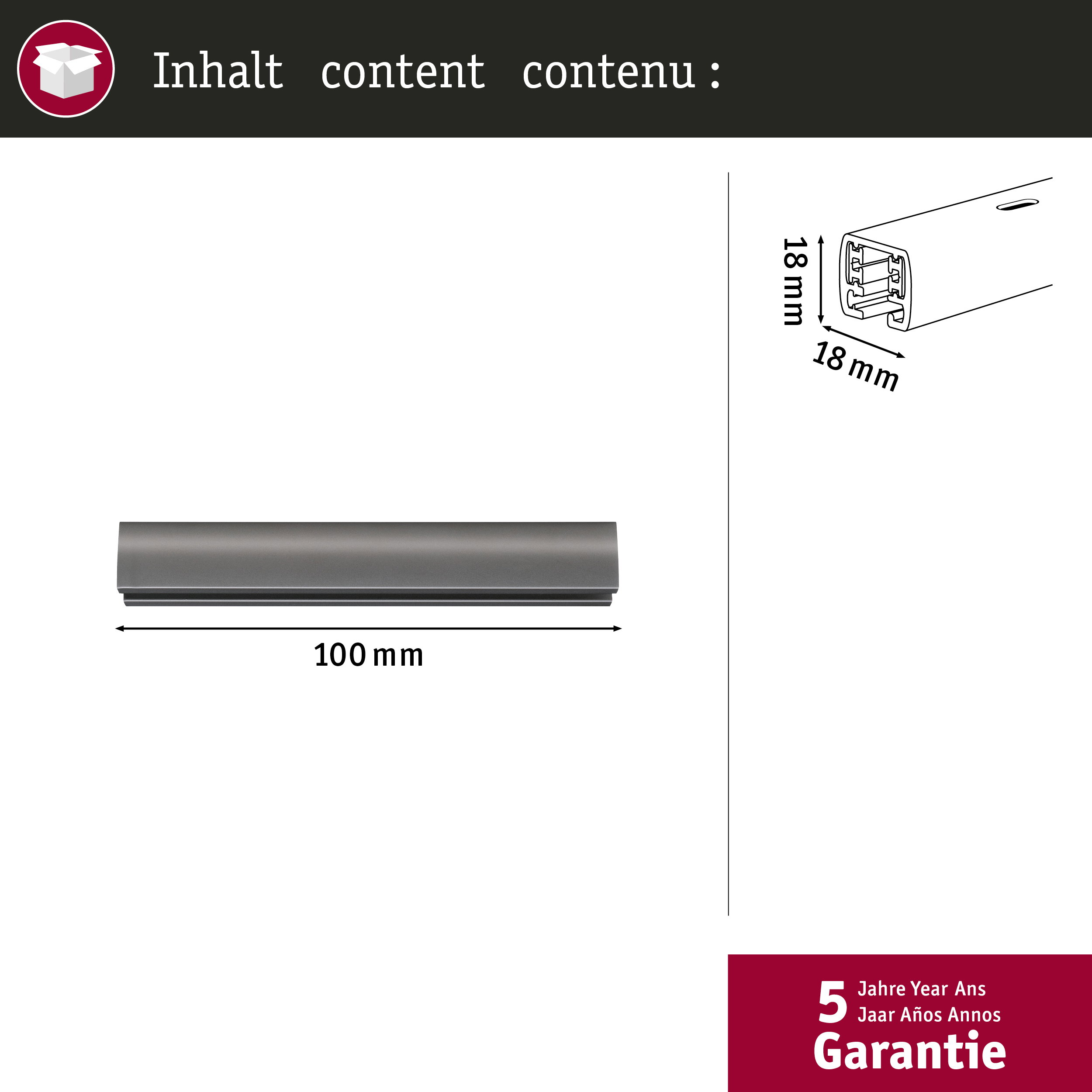 Technische Zeichnung und Produktbild eines 100 mm langen, 18x18 mm Profils mit 5 Jahren Garantie.