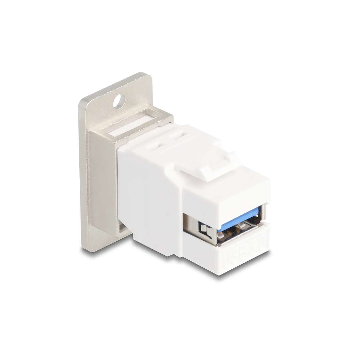 Weiße USB-3.0-Buchse mit silberner Montagehalterung auf weißem Hintergrund.