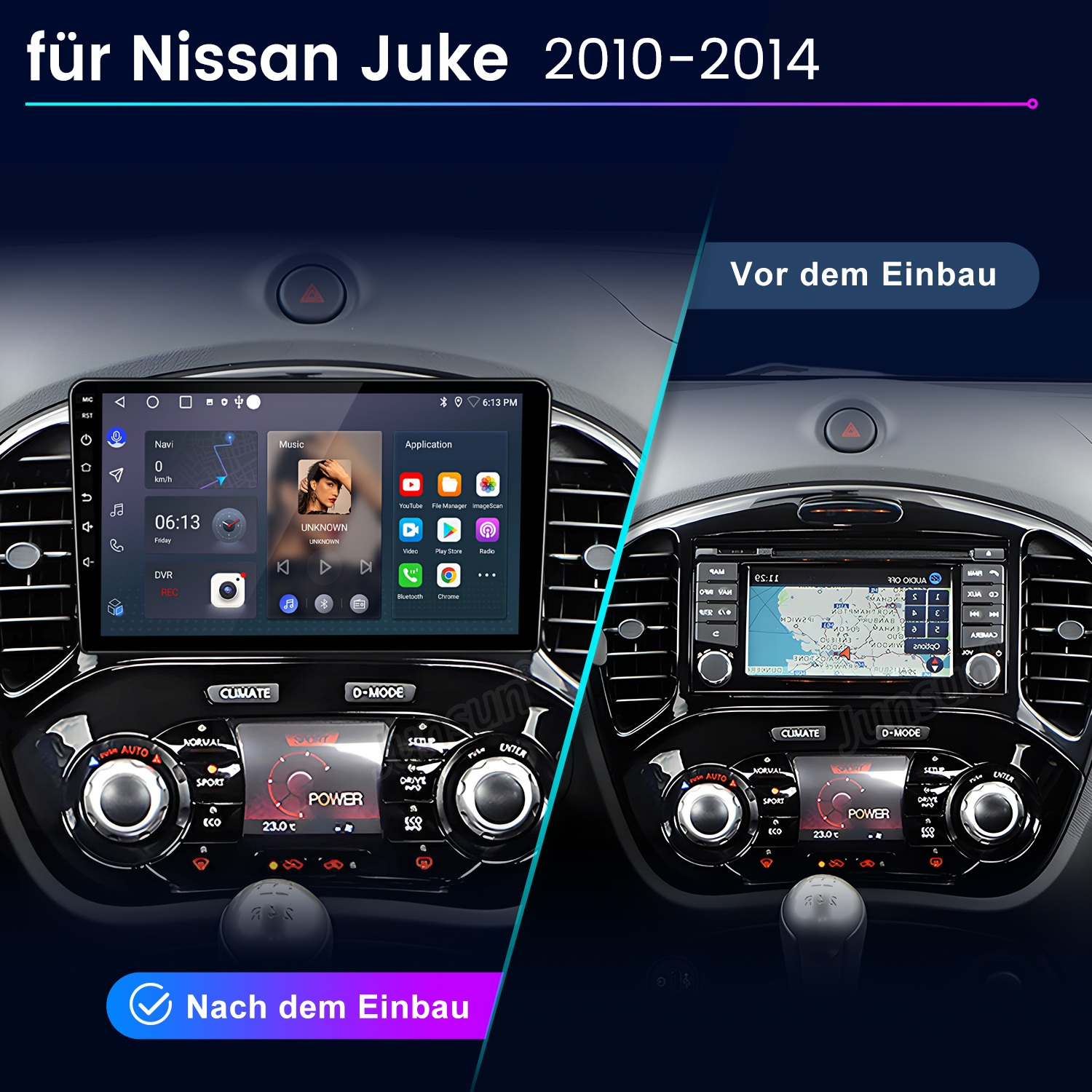 Vergleich Nissan Juke Armaturenbrett vor und nach dem Einbau eines neuen Infotainmentsystems.