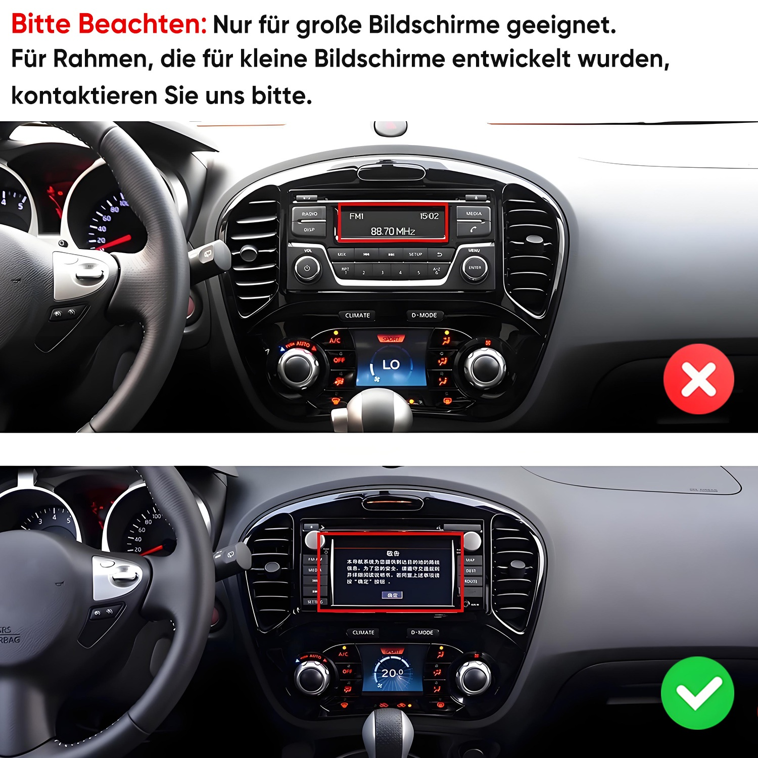 Autoinnenraum mit Bildschirmen. Oben mit rotem Kreuz, unten mit grünem Häkchen.
