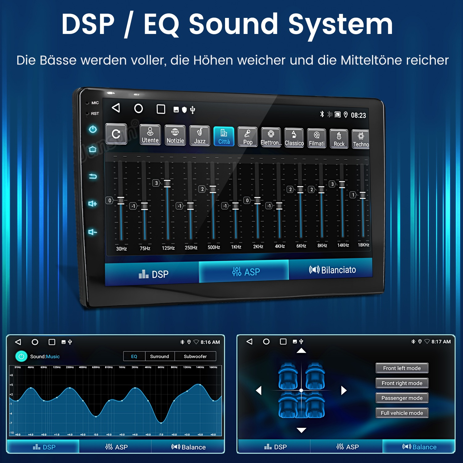 Ein Car-Audio-Bildschirm mit Equalizer-Einstellungen, DSP- und Surround-Sound-Optionen vor blauem Hintergrund.