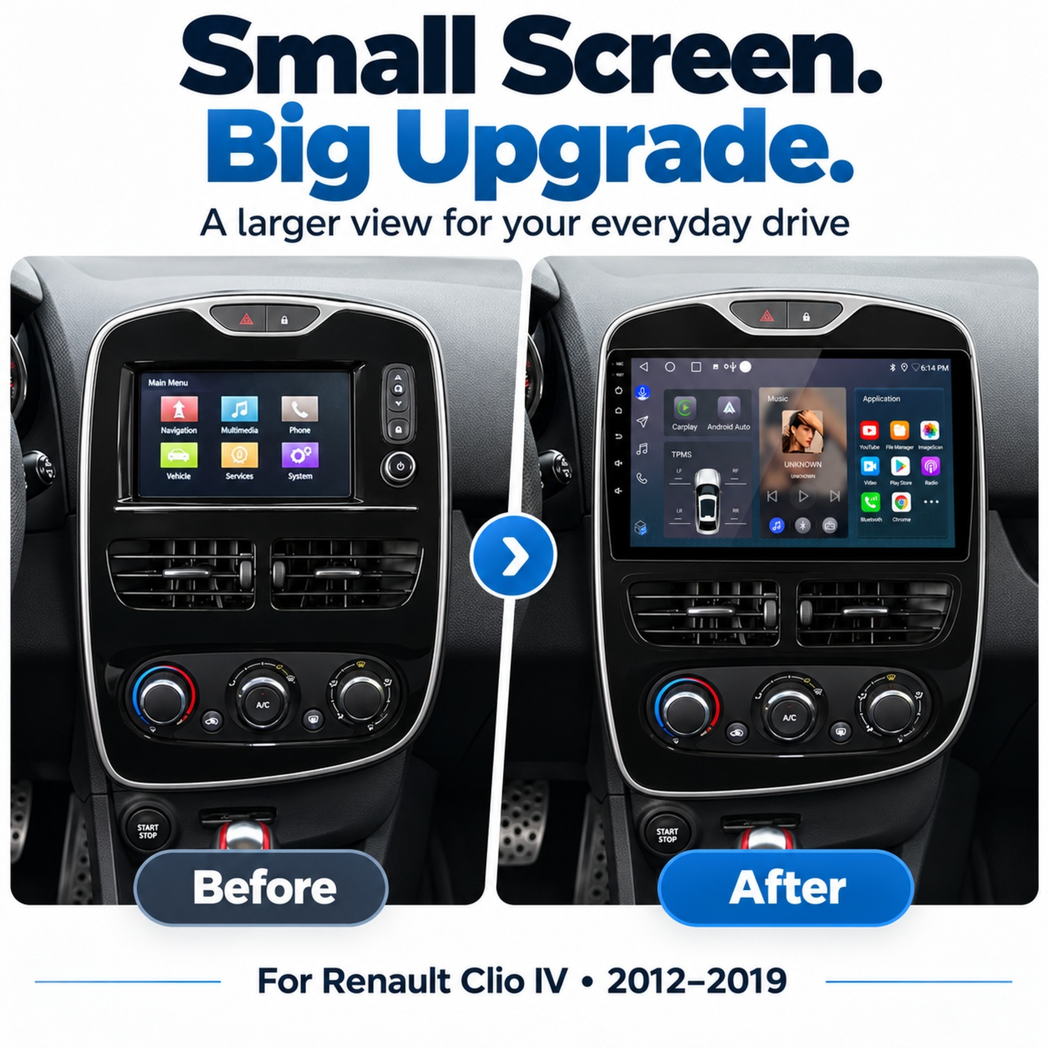 Vergleich eines kleinen und eines großen Touchscreen-Autoradios in einem Renault Clio IV.