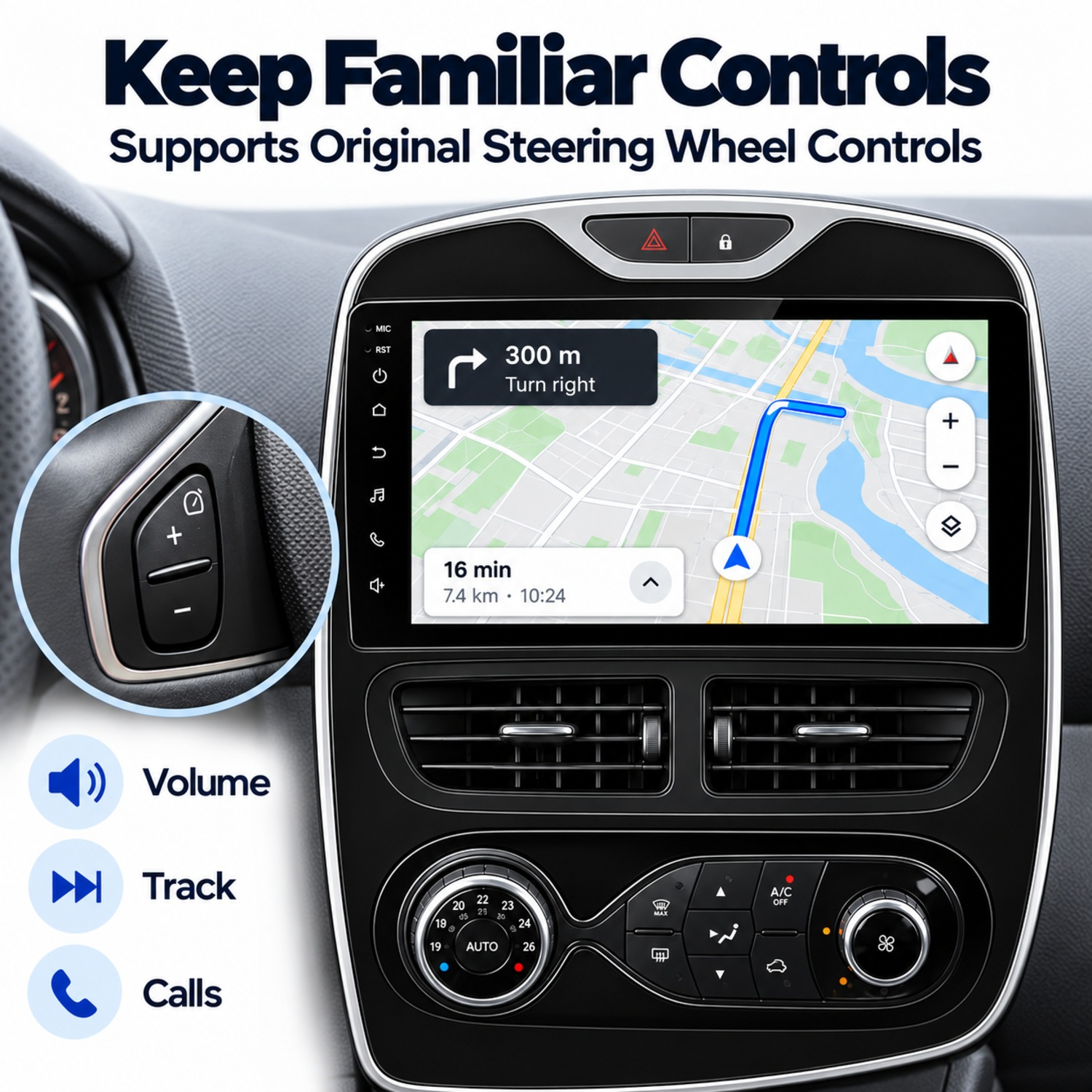 Autodisplay mit Navigation, Klimabedienelementen und Lenkradsteuerung.