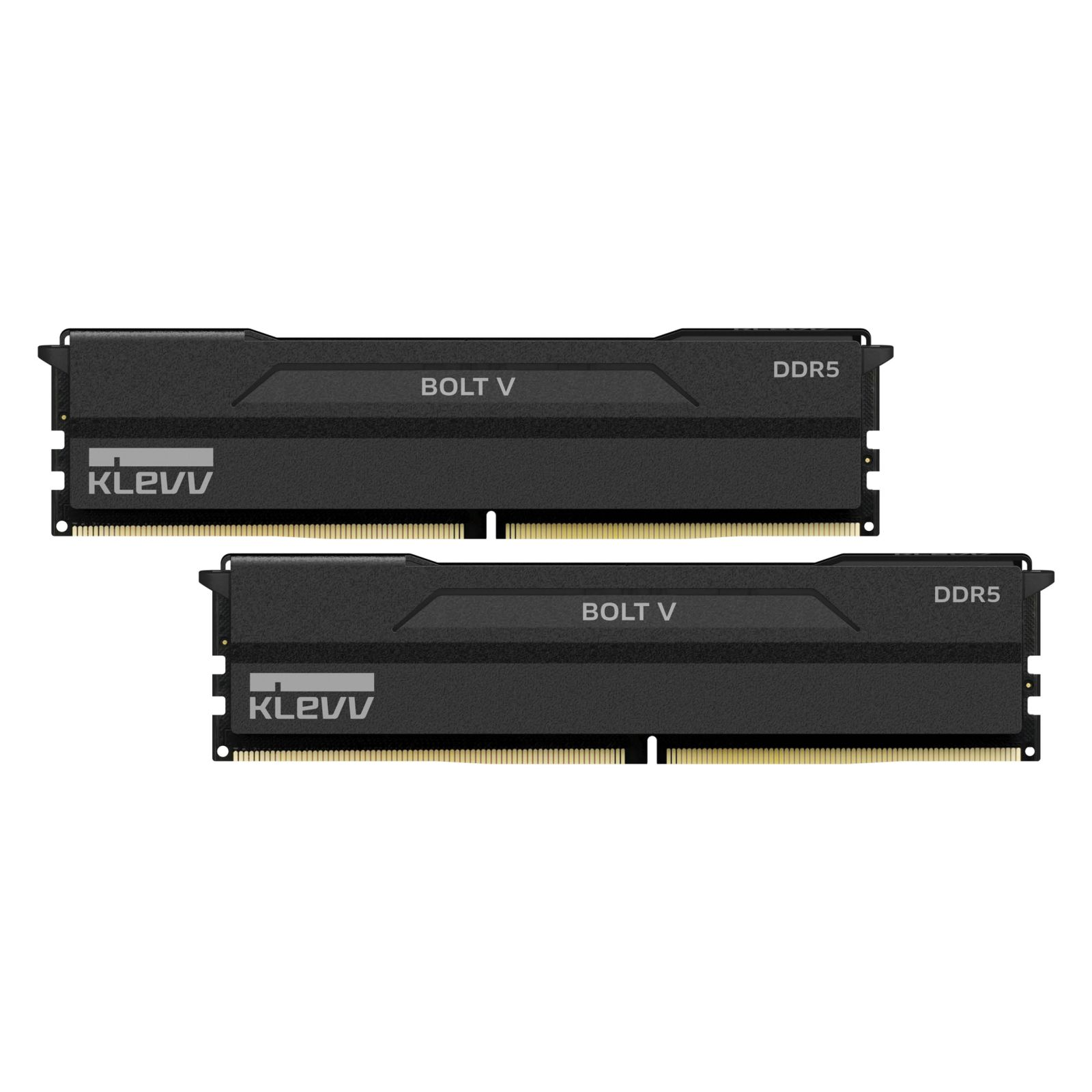 Zwei schwarze KLEVV BOLT V DDR5 RAM-Sticks mit goldenen Kontakten vor weißem Hintergrund.