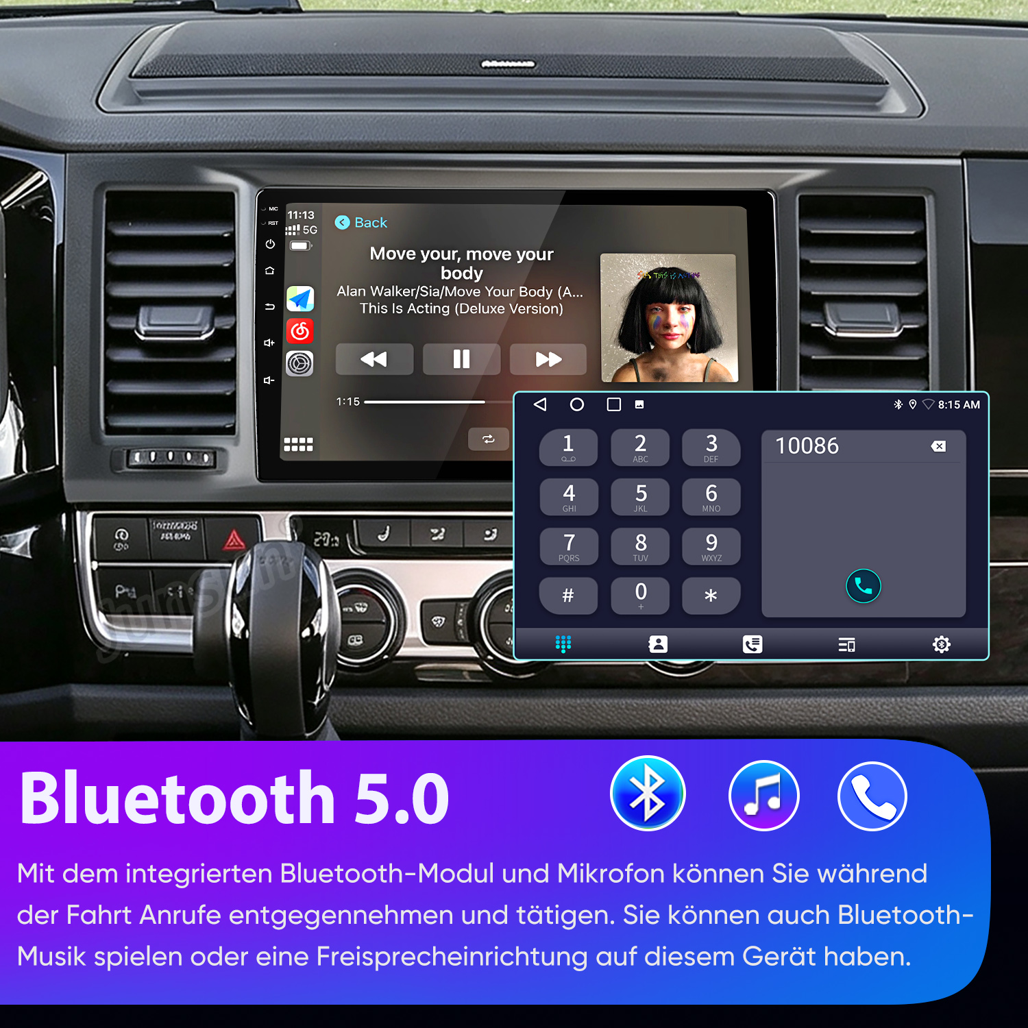 Autoradio mit Touchscreen zeigt Musikwiedergabe und ein Nummerneingabefeld für Bluetooth-Anrufe.