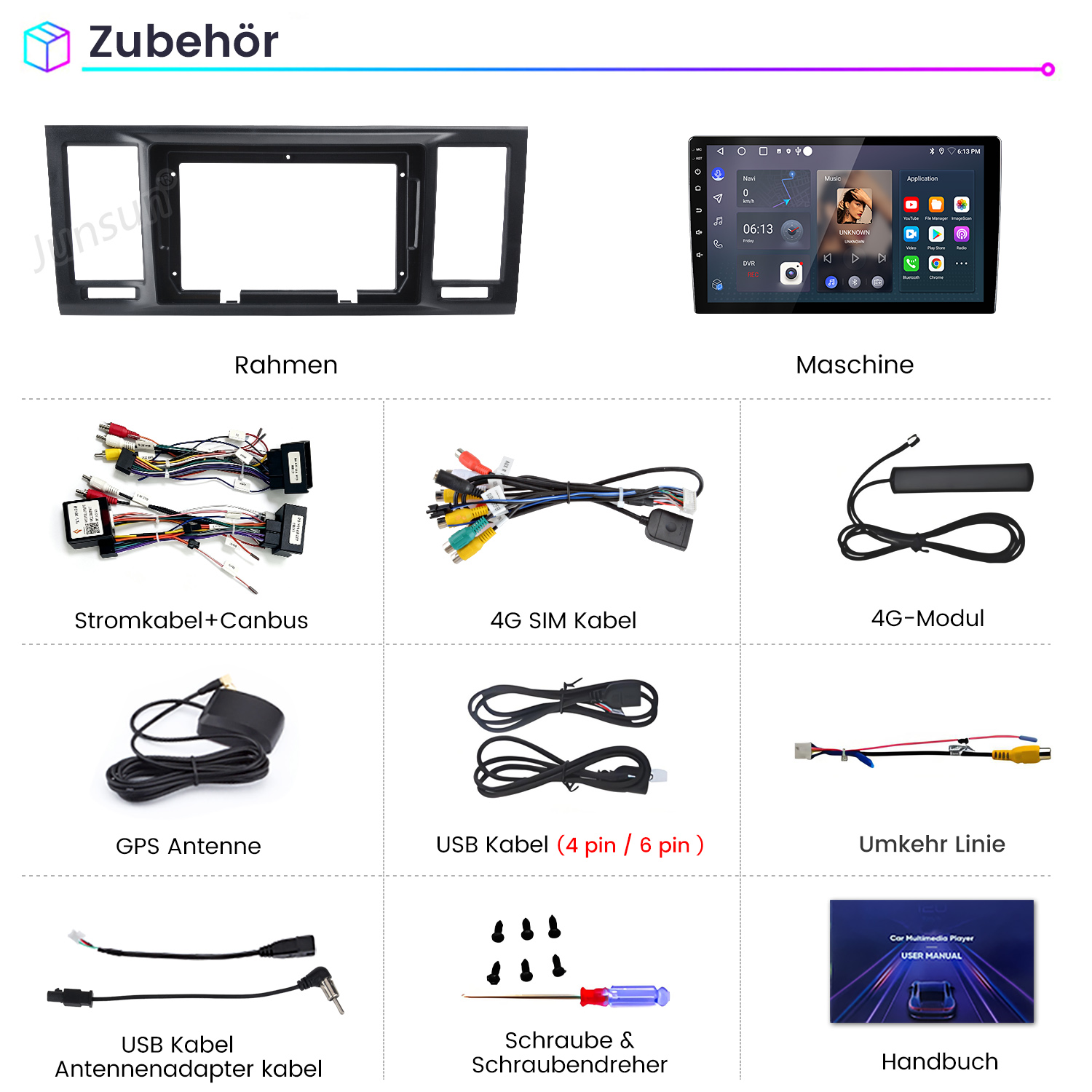 Zubehör für Autoradios wie Rahmen, Kabel, Antennen und Schrauben in einer Übersicht.