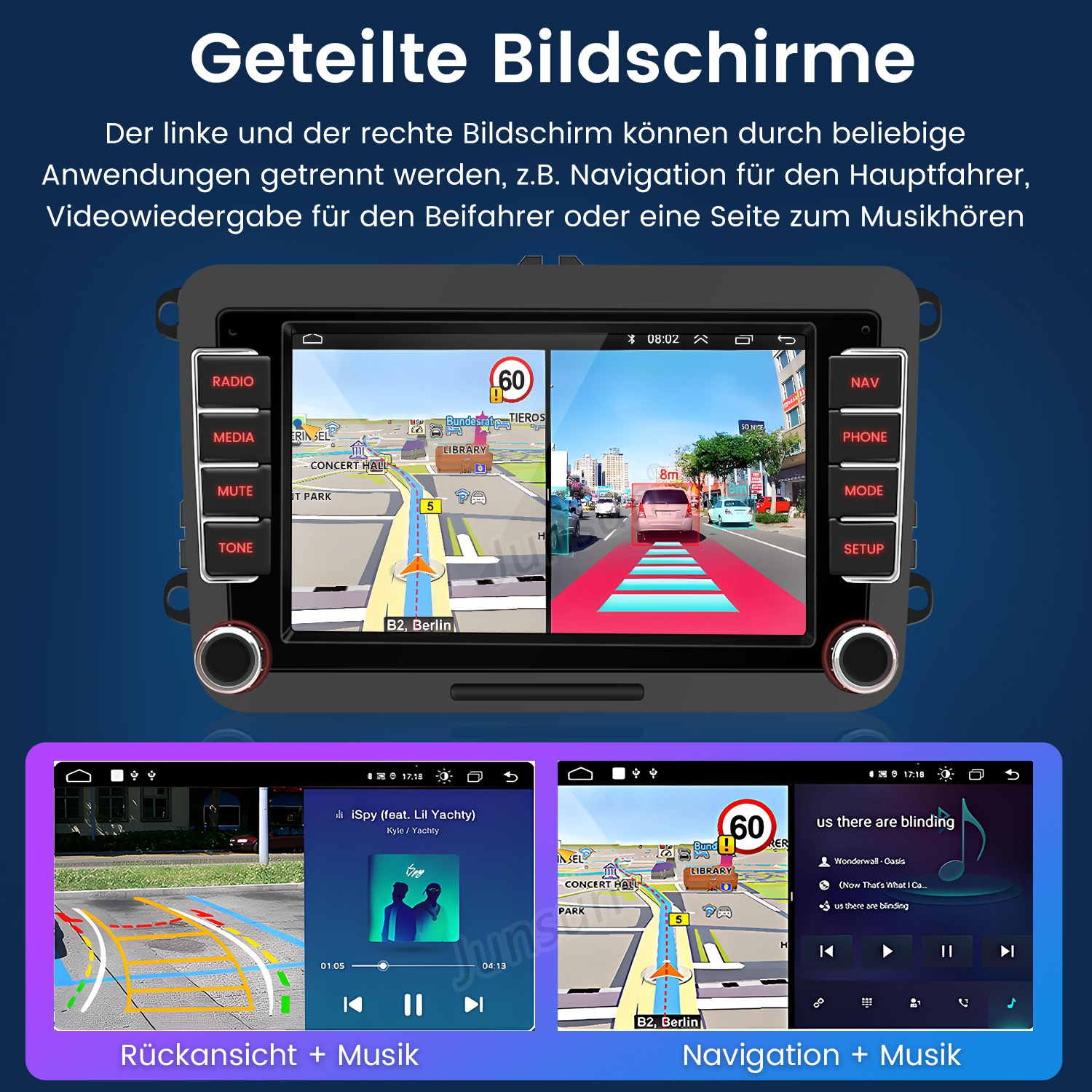 Autoradio mit geteiltem Bildschirm zeigt Navigation, Kamera und Musik an.