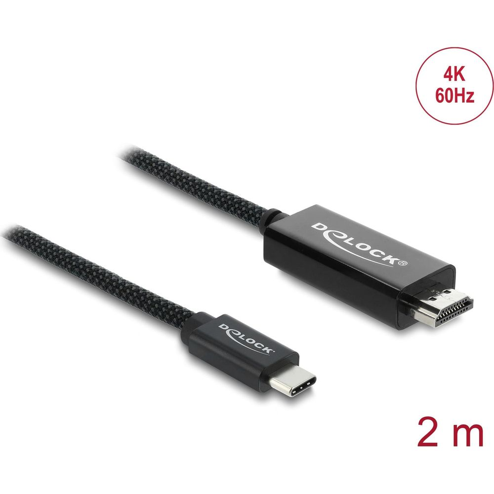 Schwarzes 2m USB-C auf HDMI Kabel von Delock, unterstützt 4K 60Hz.