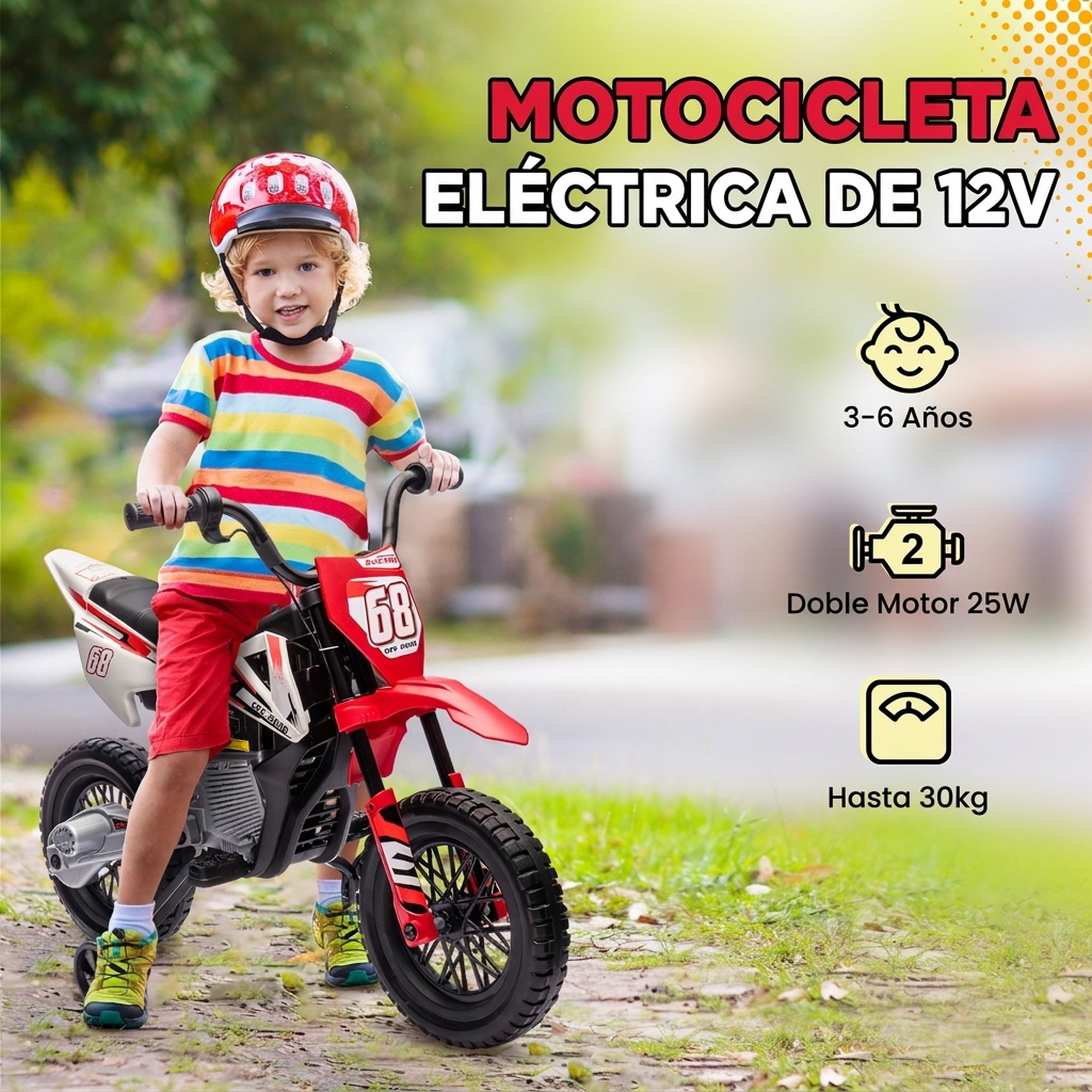 Un niño con casco sentado en una motocicleta eléctrica roja y blanca en un sendero.