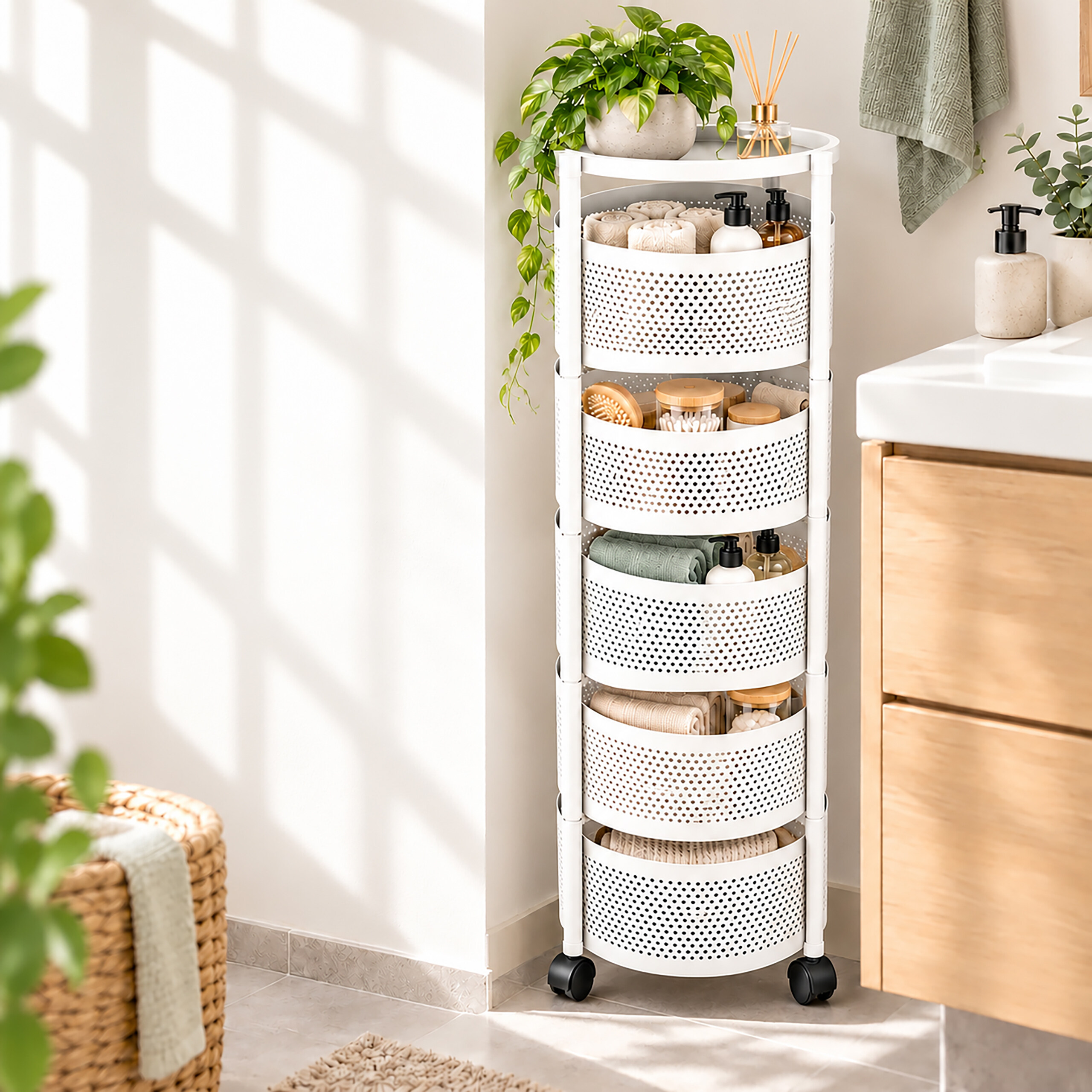 Ein weißes, mehrstöckiges Rollregal im Badezimmer, gefüllt mit Handtüchern und Badaccessoires.