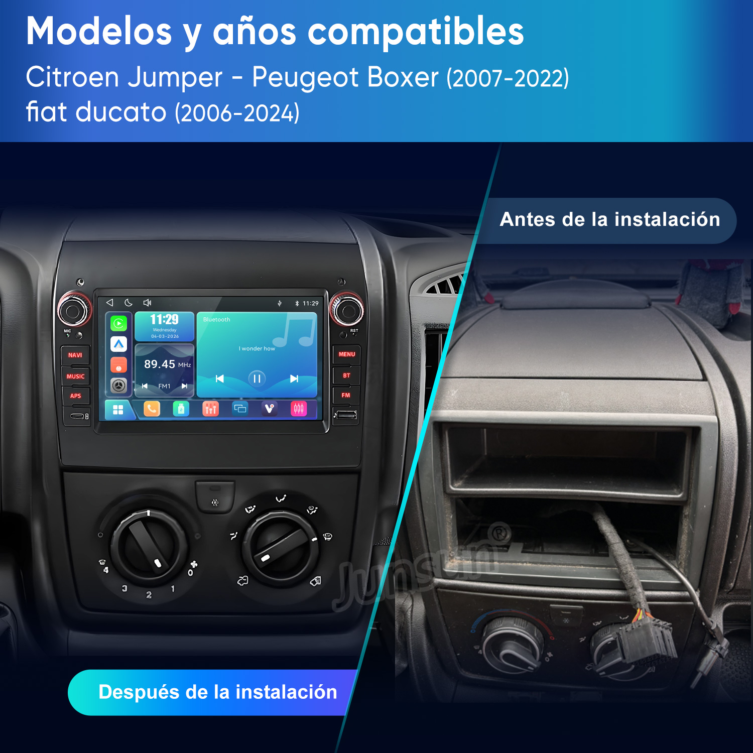 Vergleich eines Auto-Armaturenbretts vor und nach der Installation eines neuen Multimediasteckers.