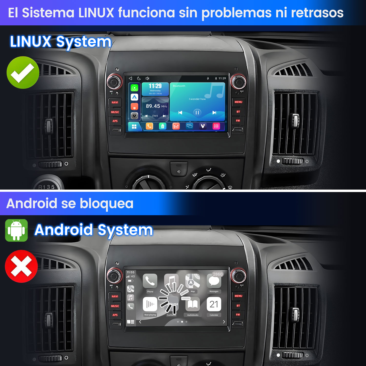 Vergleich zweier Autosysteme: Linux läuft flüssig, während Android mit einem Ladekreis abstürzt.