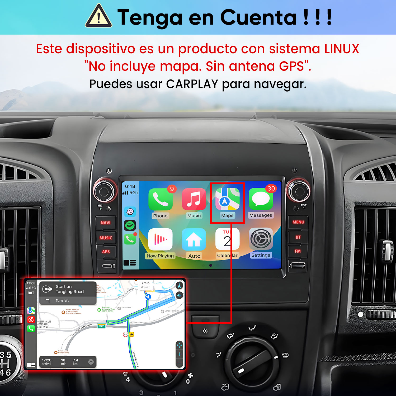 Armaturenbrett mit Linux-Infotainment, CarPlay-Karten und spanischem Warnhinweis zum fehlenden GPS.