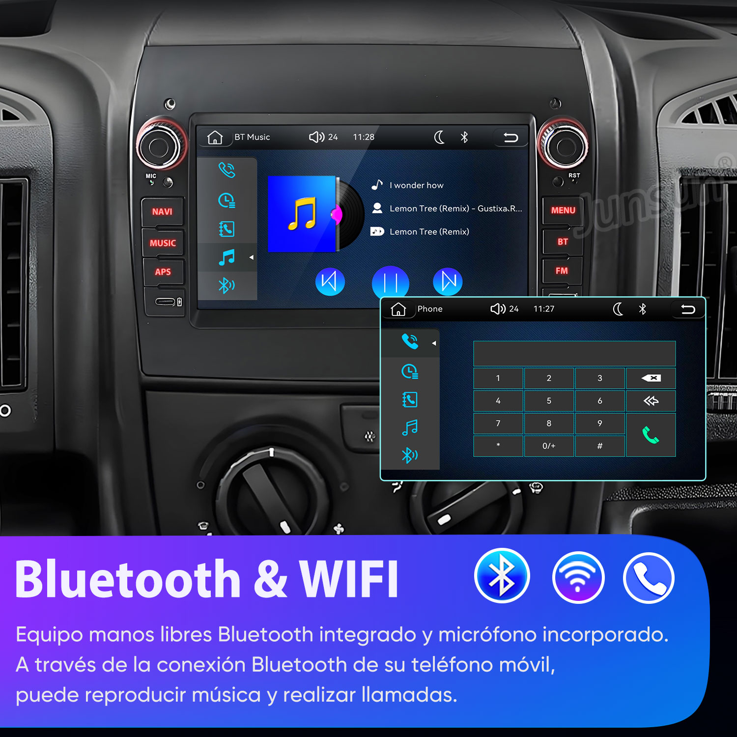Autoradio mit Touchscreen, Bluetooth- und WLAN-Funktion, Musikwiedergabe und Telefonie.