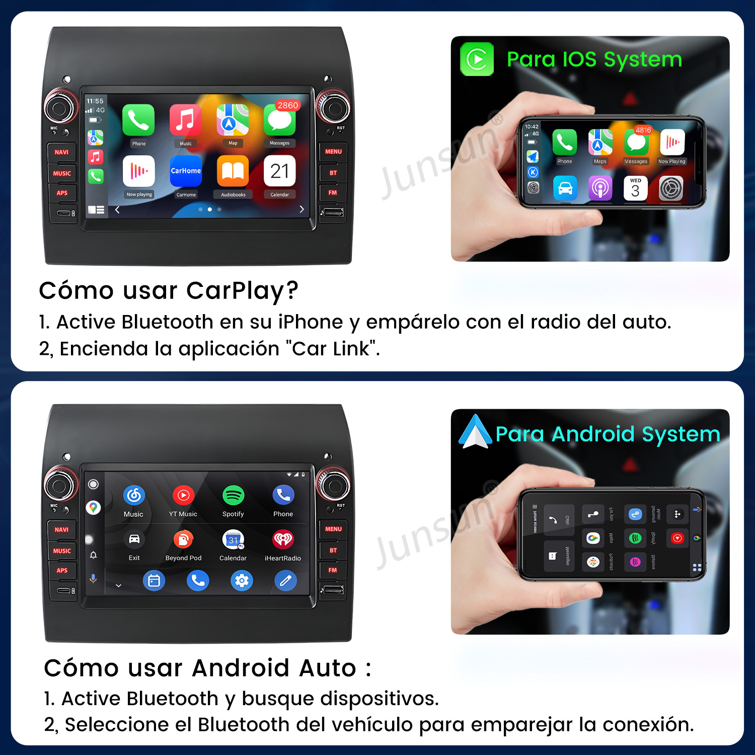 Anleitung zur Nutzung von CarPlay und Android Auto auf einem Autoradio mit Smartphone-Verbindung.