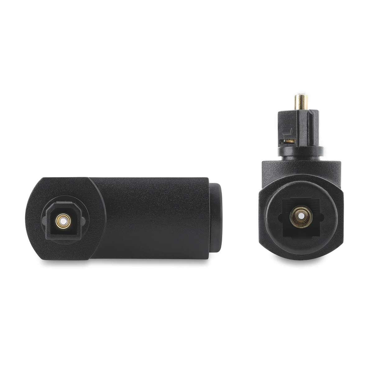 Zwei schwarze TOSLINK-Audio-Adapter auf weißem Hintergrund.
