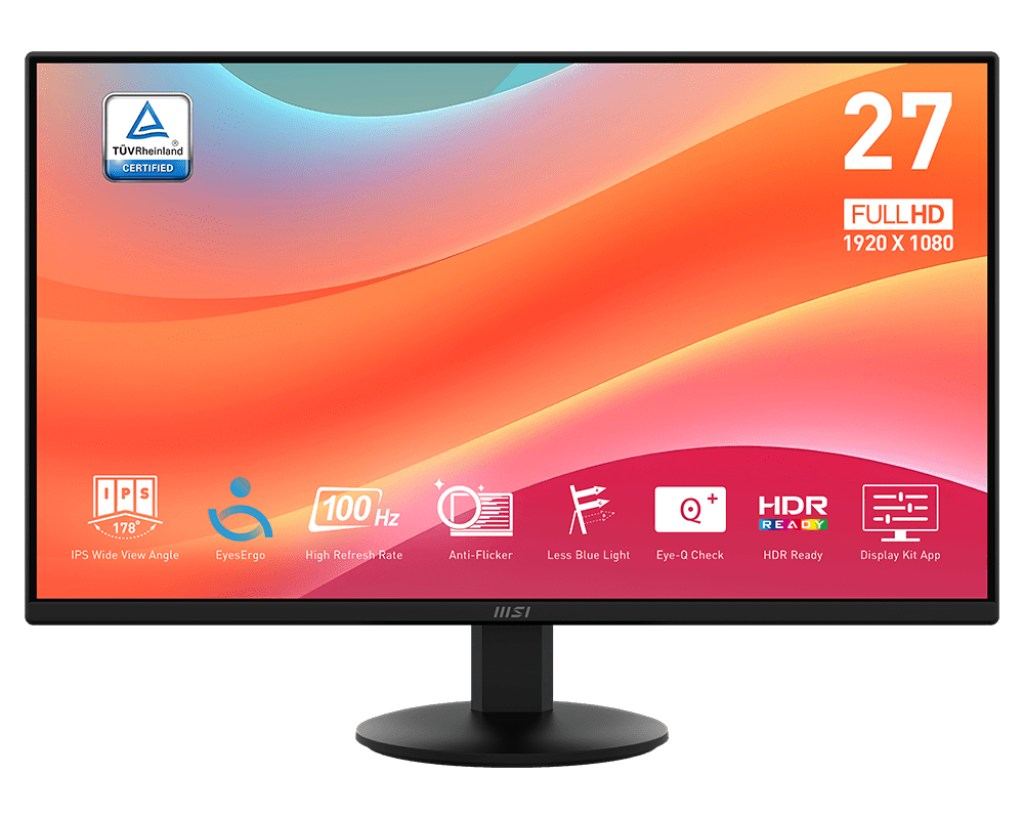 MSI 27-Zoll-Monitor mit Full-HD, IPS-Panel und farbiger Produktgrafik auf dem Bildschirm.