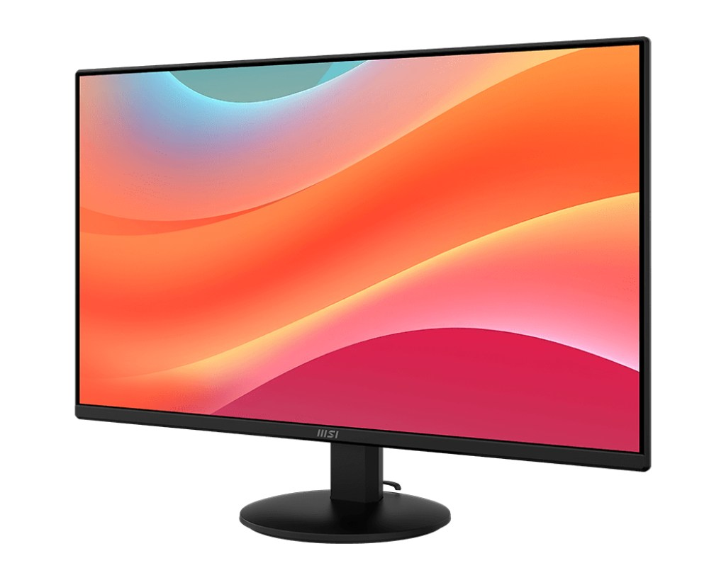 Ein schwarzer MSI-Monitor mit einem abstrakten, bunten Farbverlauf auf dem Display, stehend auf einem runden Fuß.