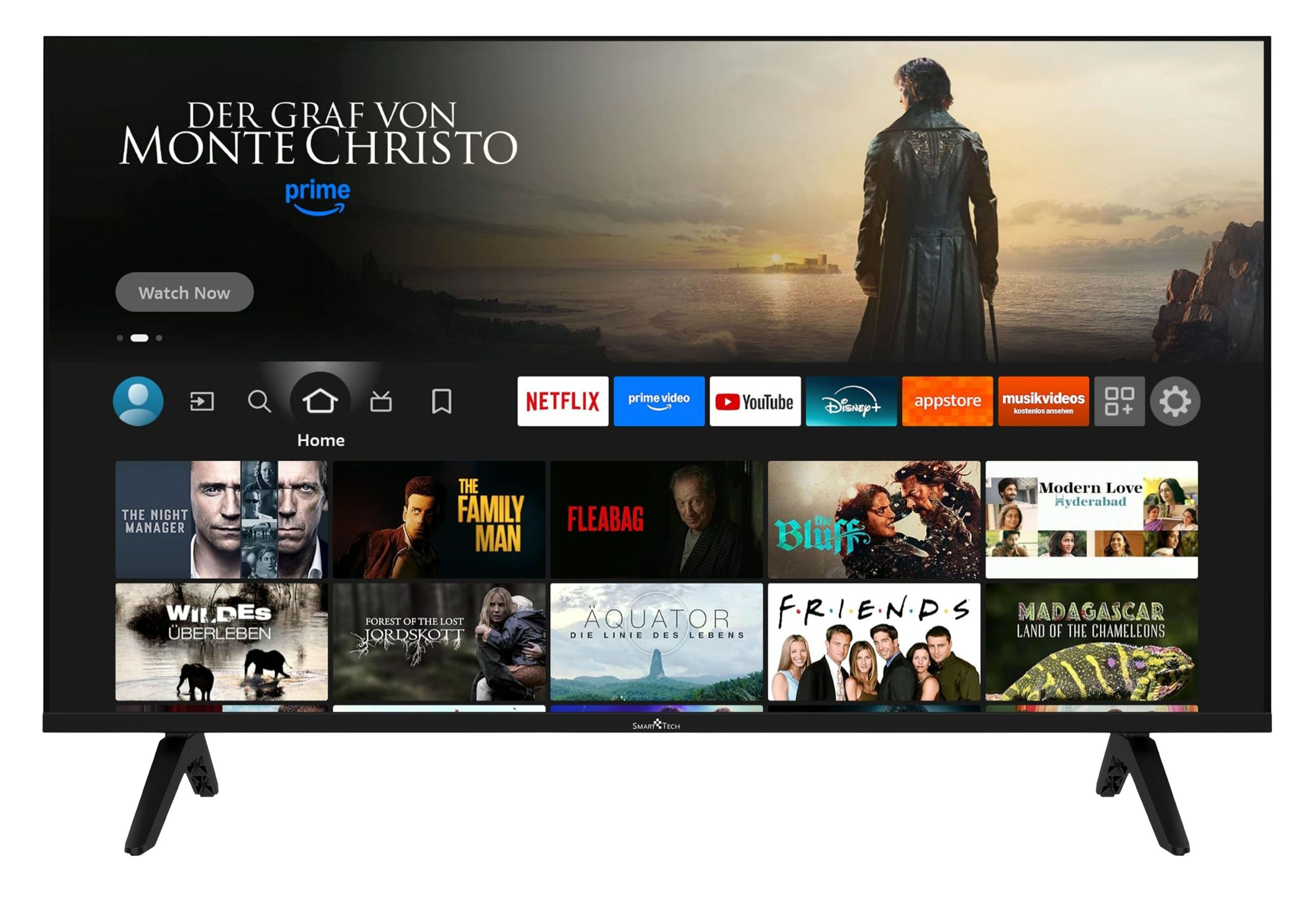 Smart-TV zeigt eine Streaming-Benutzeroberfläche mit verschiedenen Film- und Showtiteln wie The Family Man.