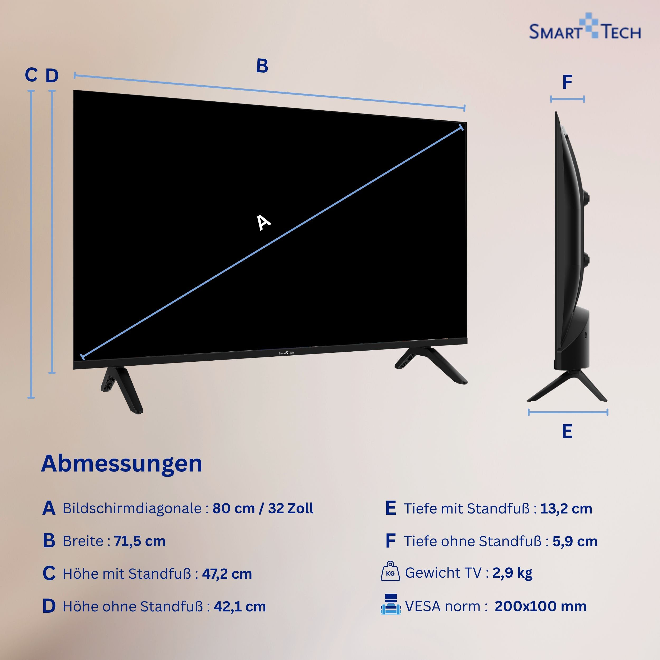 Diagramm zeigt die Abmessungen eines 32-Zoll-Smart-Tech-Fernsehers mit Maßangaben in Zentimetern.