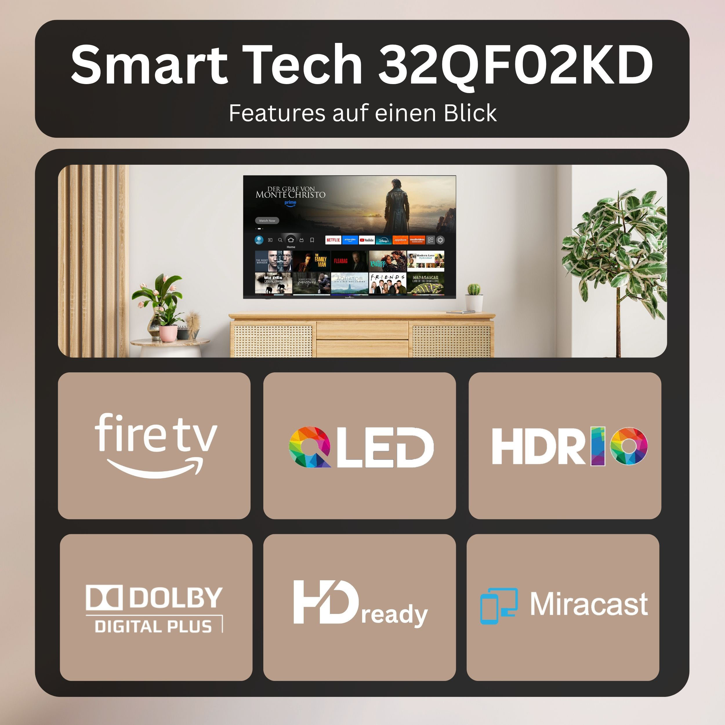 Smart Tech 32QF02KD Fernseher mit Fire TV, QLED, HDR10, Dolby Digital Plus, HD Ready und Miracast in einem Wohnzimmer.