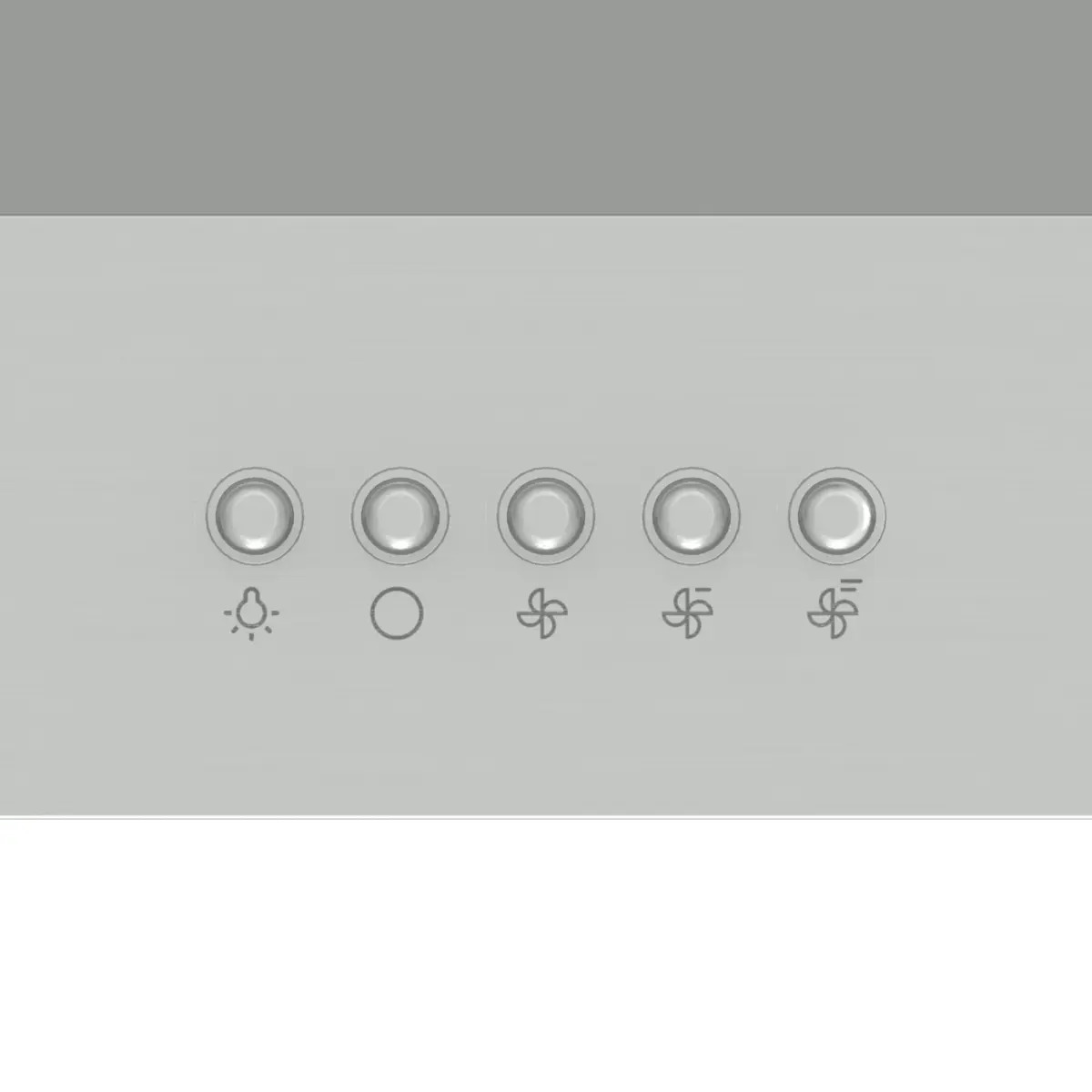 Cinco botones redondos de metal en un panel gris con iconos de luz, encendido y tres velocidades.