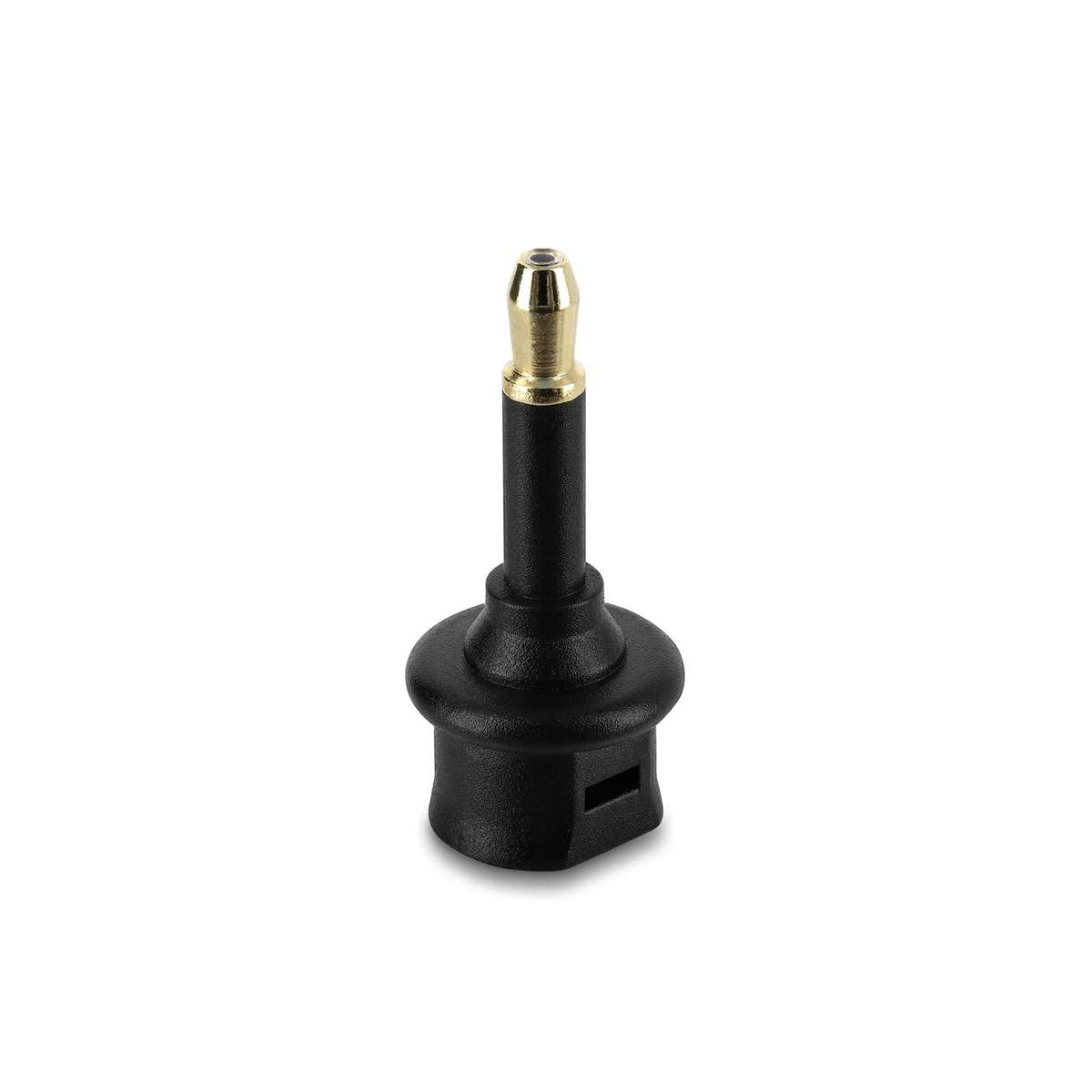 Ein kleiner schwarzer Stecker mit goldener Spitze auf weißem Hintergrund.