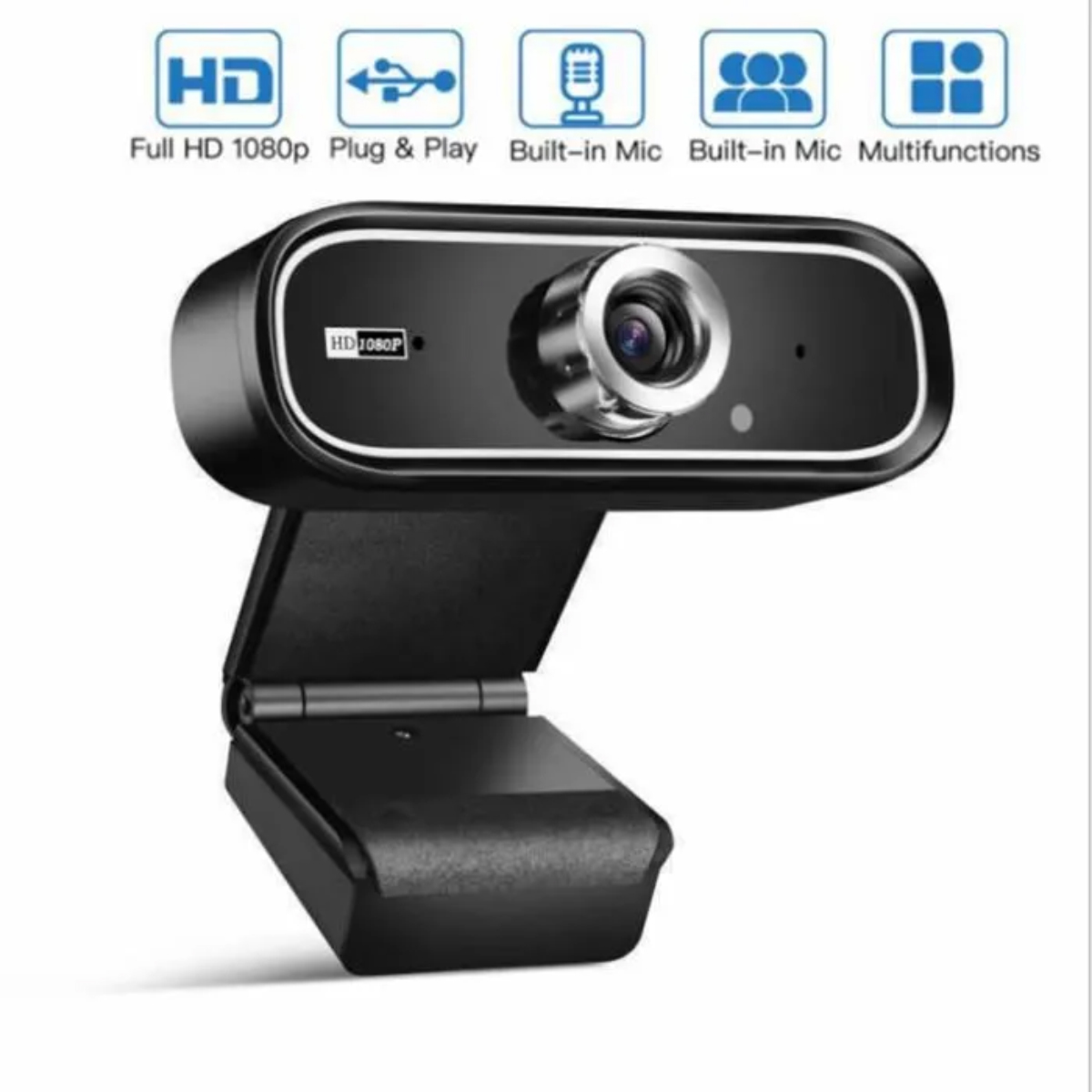 Schwarze HD-Webcam mit Standfuß und Icons für Funktionen wie Mikrofon.