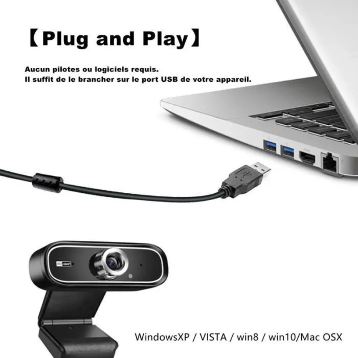 Plug and Play Webcam mit USB-Kabel, Laptop und Betriebssystemkompatibilität.