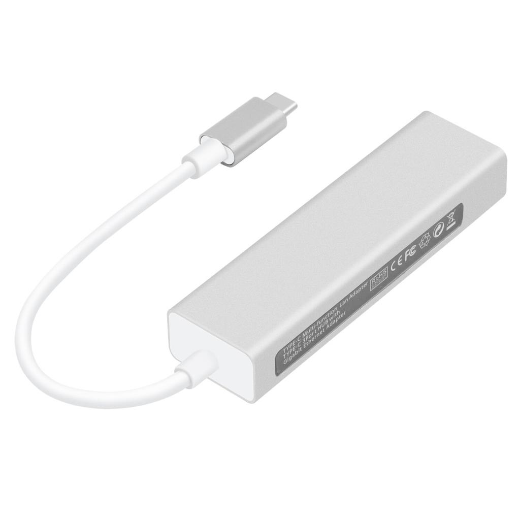 Beyaz arka planda beyaz kablolu ve konnektörlü gümüş renkli USB-C çok portlu hub.