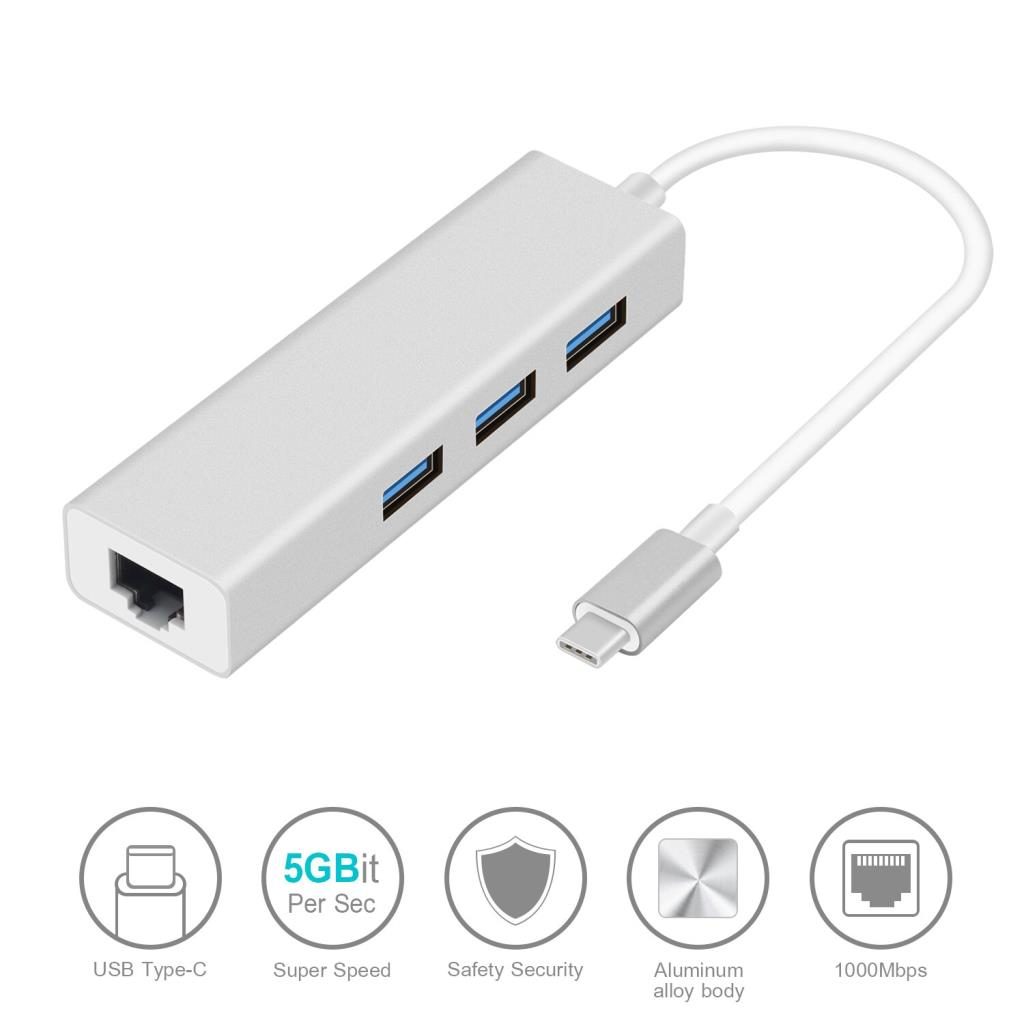 Ethernet bağlantı noktasına ve üç USB bağlantı noktasına sahip gümüş renkli USB-C hub.
