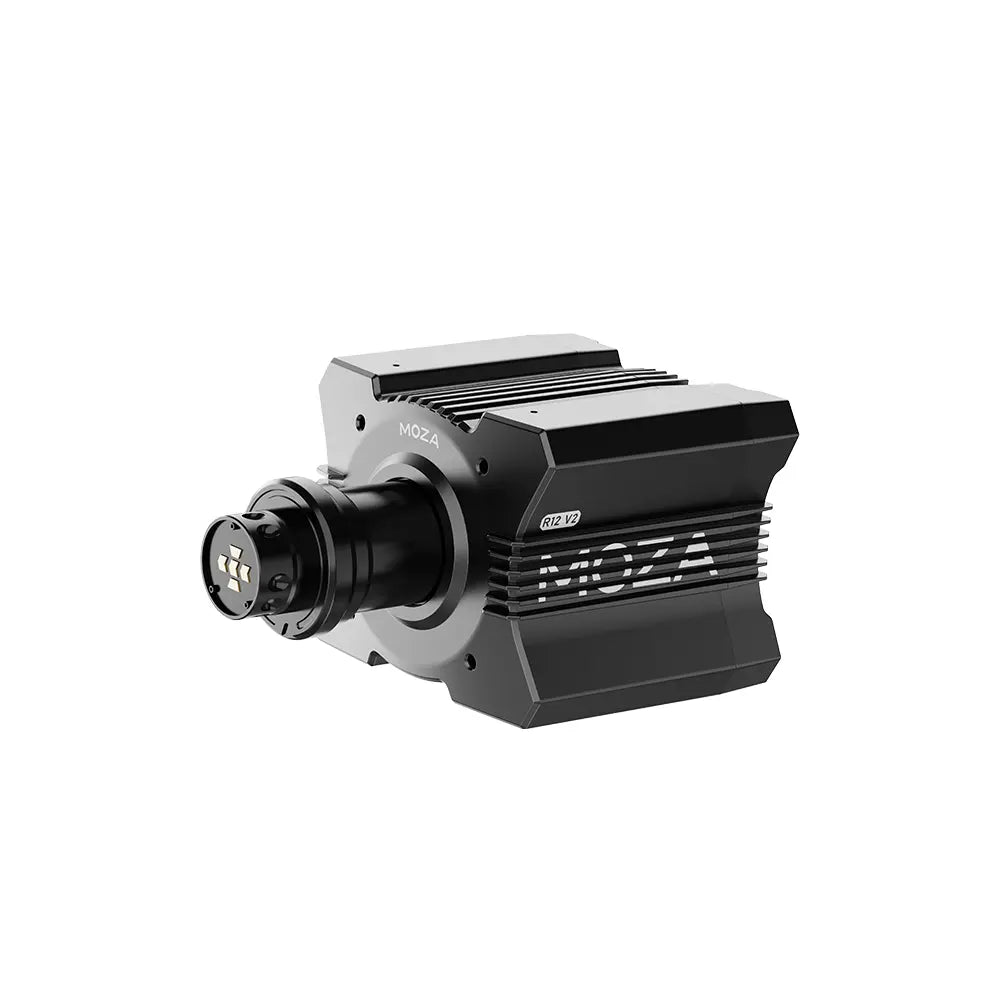 Zwarte Moza R12 V2 direct drive wielbasis met koelribben en connector op een witte achtergrond.