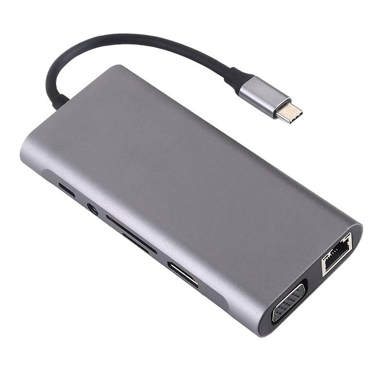 Beyaz arka planda ekli kabloya ve birden fazla bağlantı noktasına sahip gri USB-C hub.