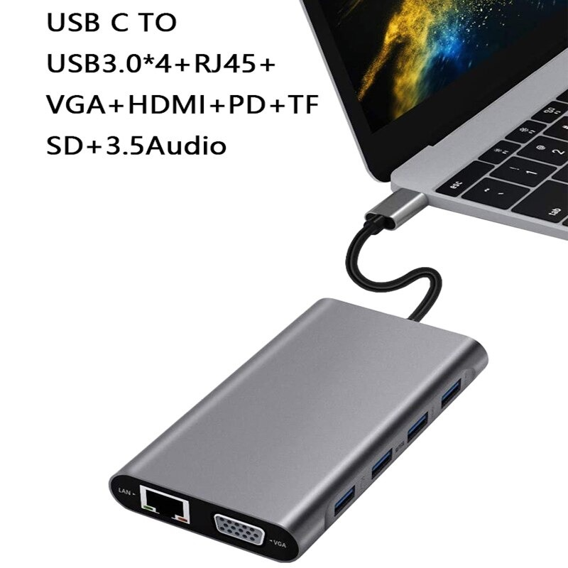 Bir dizüstü bilgisayara bağlı gri çok portlu USB-C hub, üstte metinle.