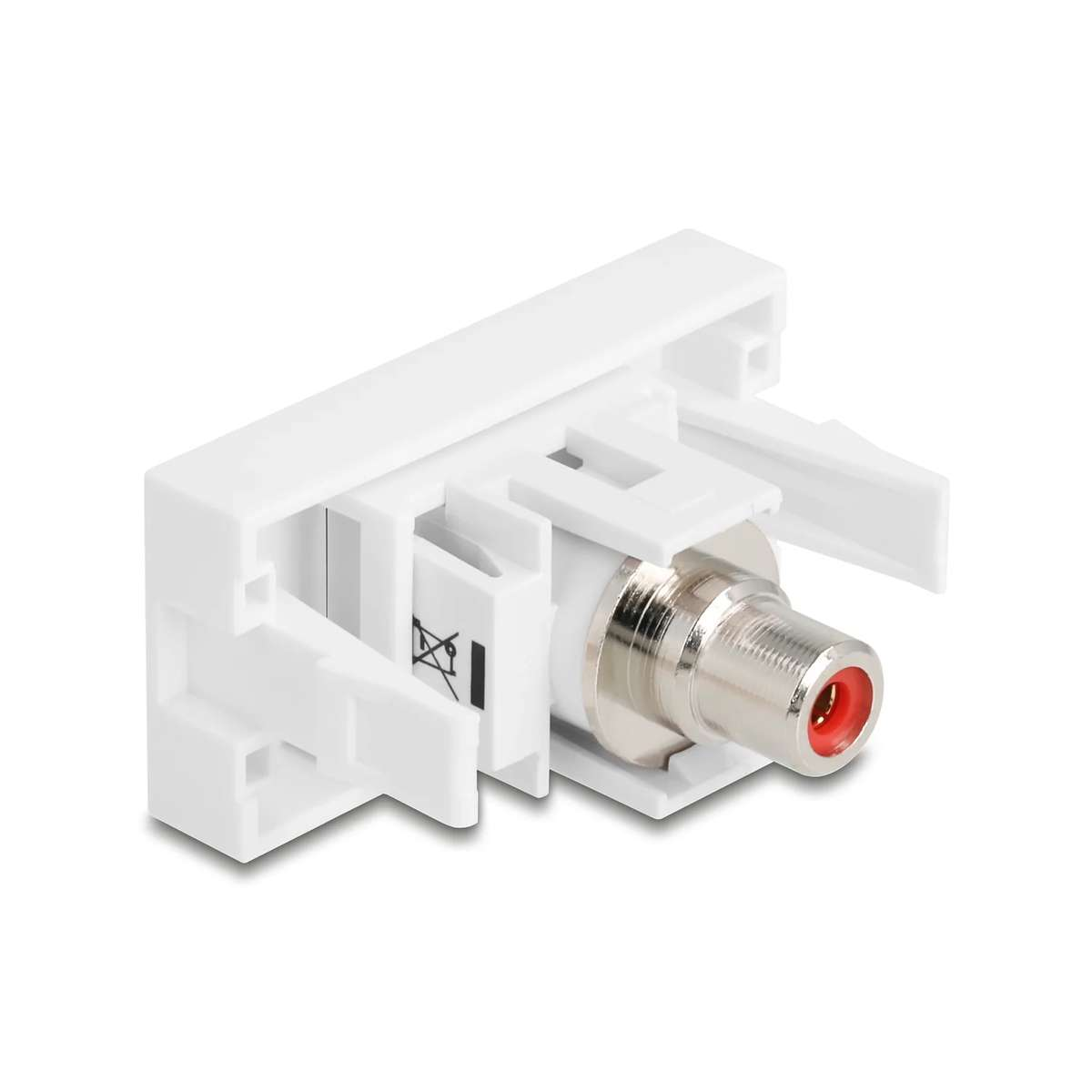 Ein weißer Wandmoduladapter mit einer silbernen F-Stecker-Buchse und rotem Einsatz auf weißem Hintergrund.
