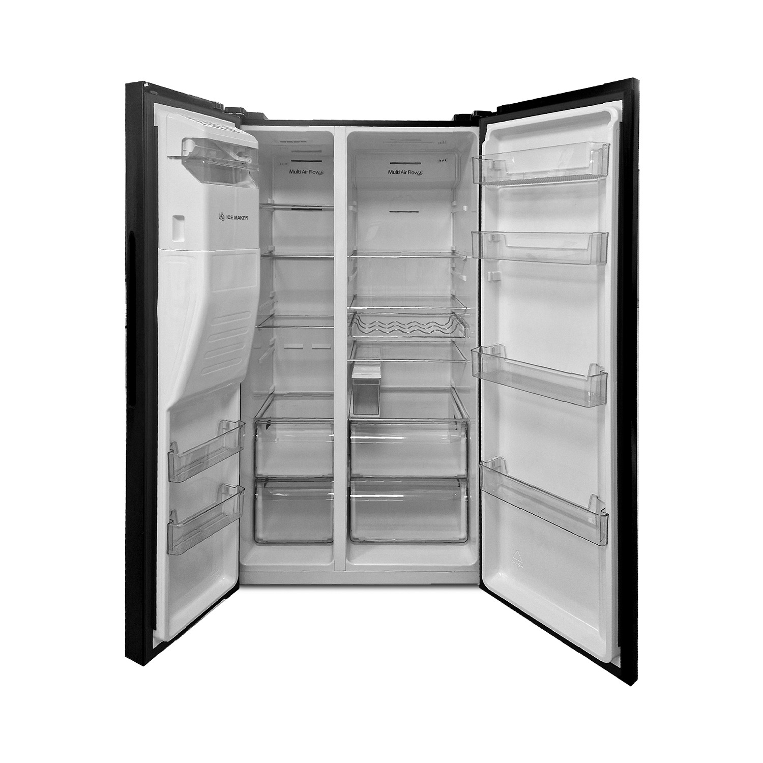 Ein offener schwarzer Side-by-Side-Kühlschrank mit leeren Glasböden und Ablagefächern.