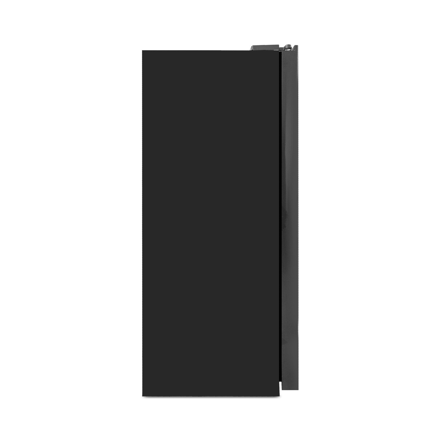 Schwarzer Kühlschrank von der Seite gesehen vor weißem Hintergrund.