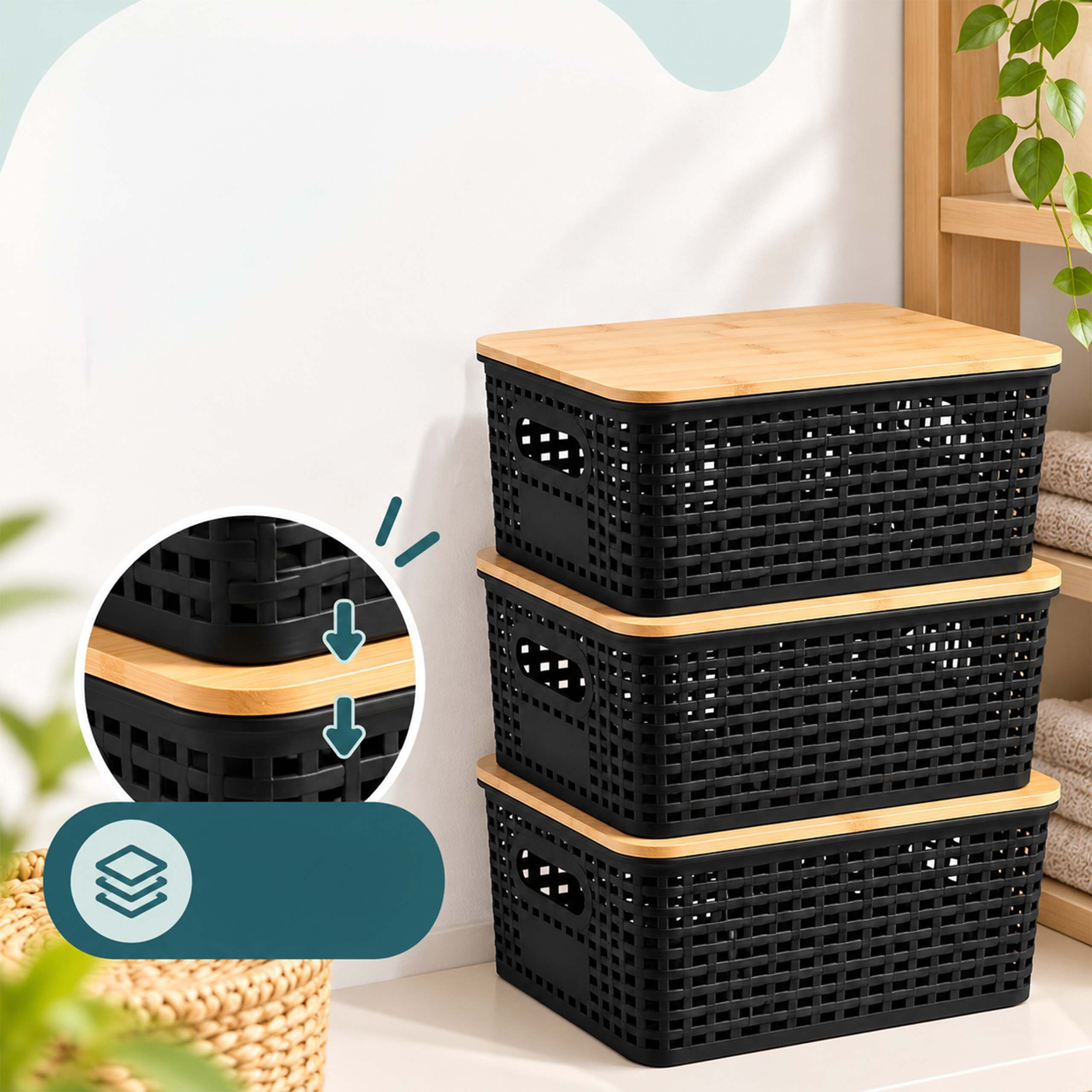 Drei stapelbare schwarze Körbe mit Holzdeckeln.