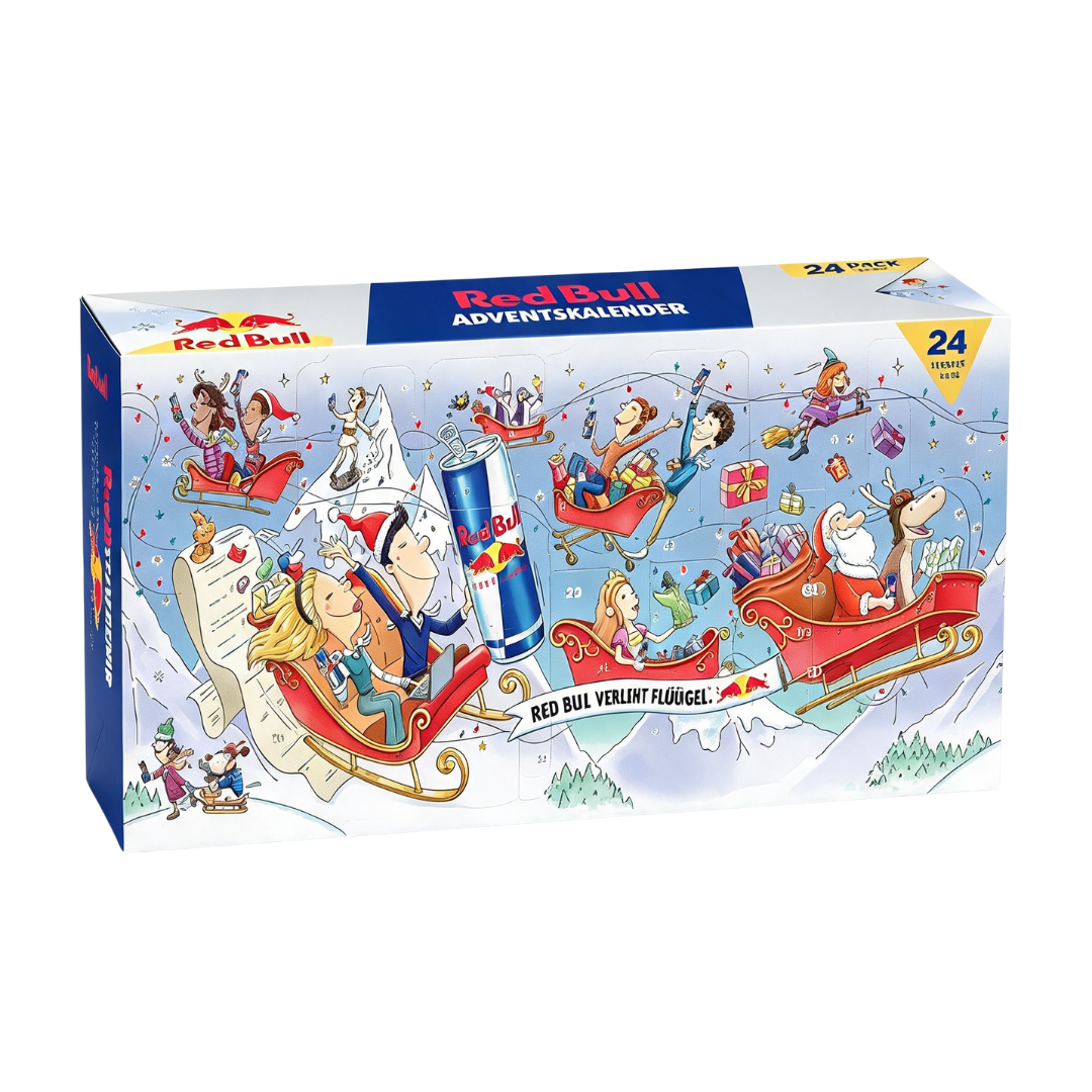 Eine Red Bull Adventskalender-Box mit verspielten Winterillustrationen mit Weihnachtsmann, Schlitten und einer Dose.