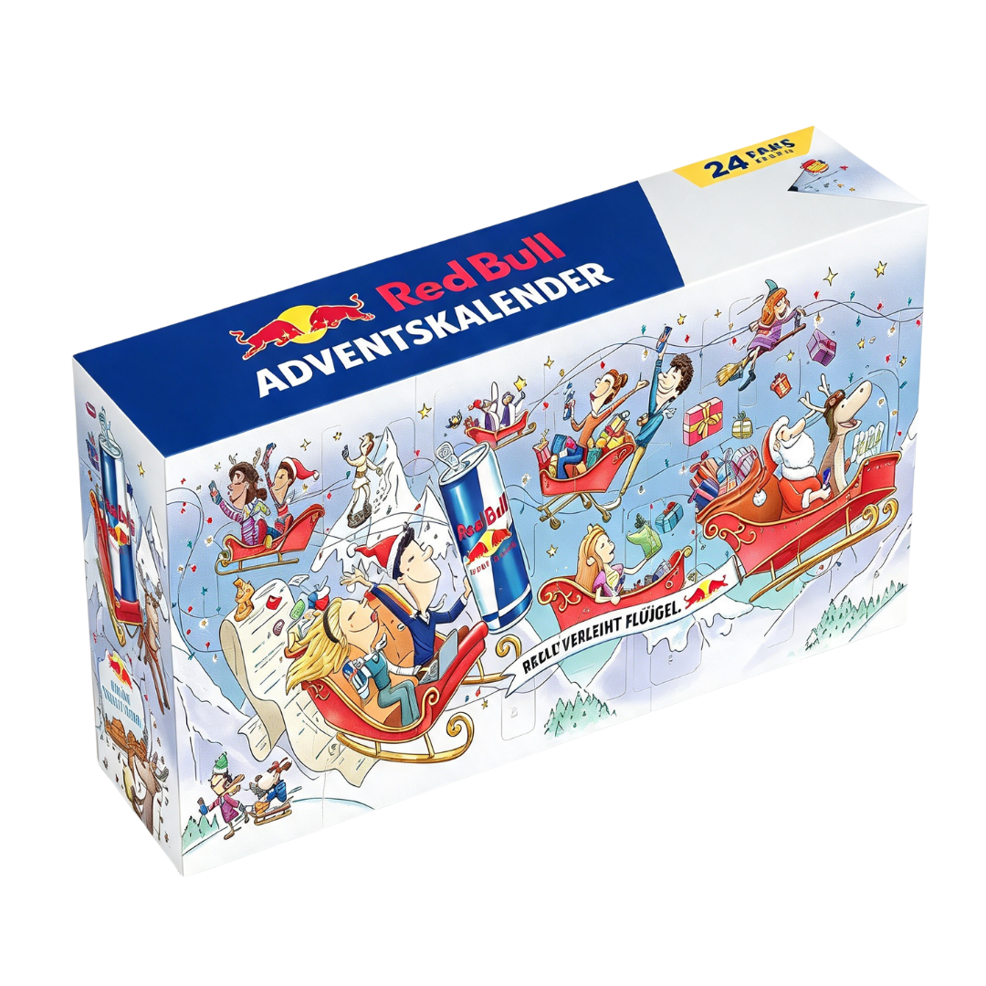 Red Bull Adventskalender mit Cartoon-Figuren in Schlitten und einer riesigen Dose auf schneebedecktem Hintergrund.