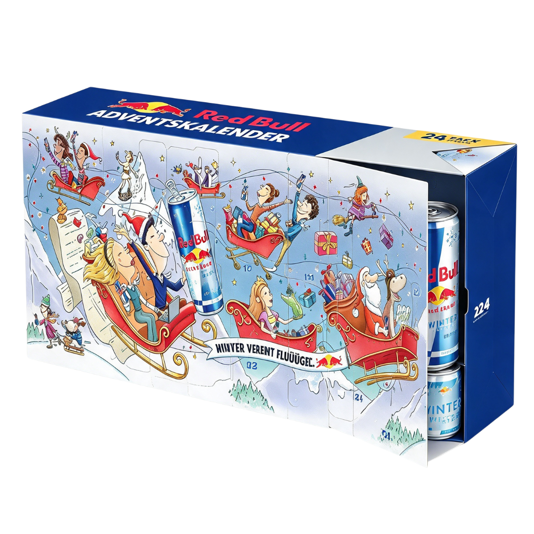 Blauer Red Bull Adventskalender mit Illustrationen von Leuten in Schlitten und sichtbaren Dosen.
